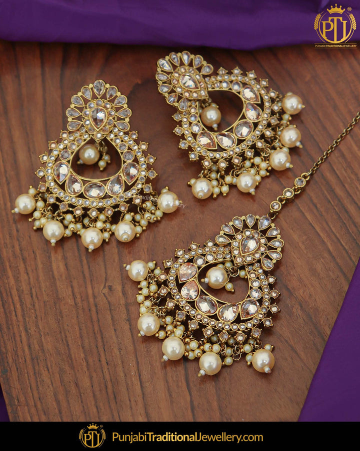 Antique Gold Finished Pearl Champagne Stone Earring Tikka Set | Punjabi Traditional Jewellery Exclusive