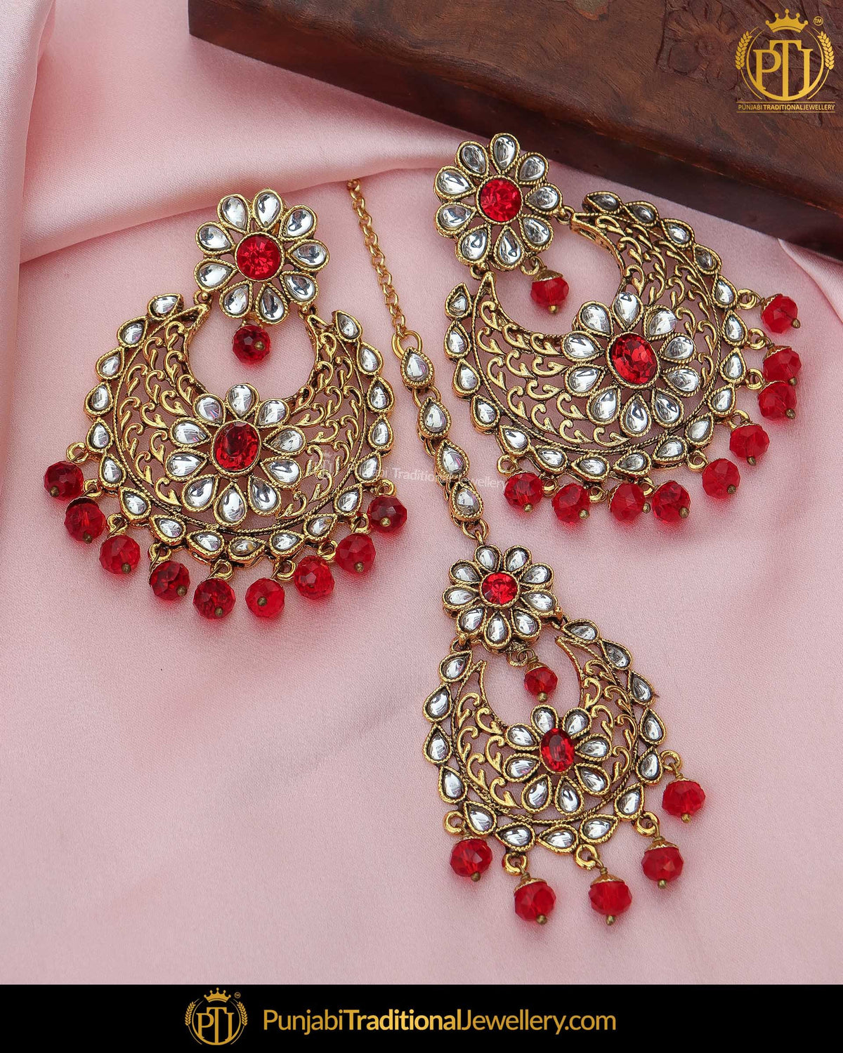 Gold Finished Rubby Kundan Earring Tikka Set | Punjabi Traditional Jewellery Exclusive