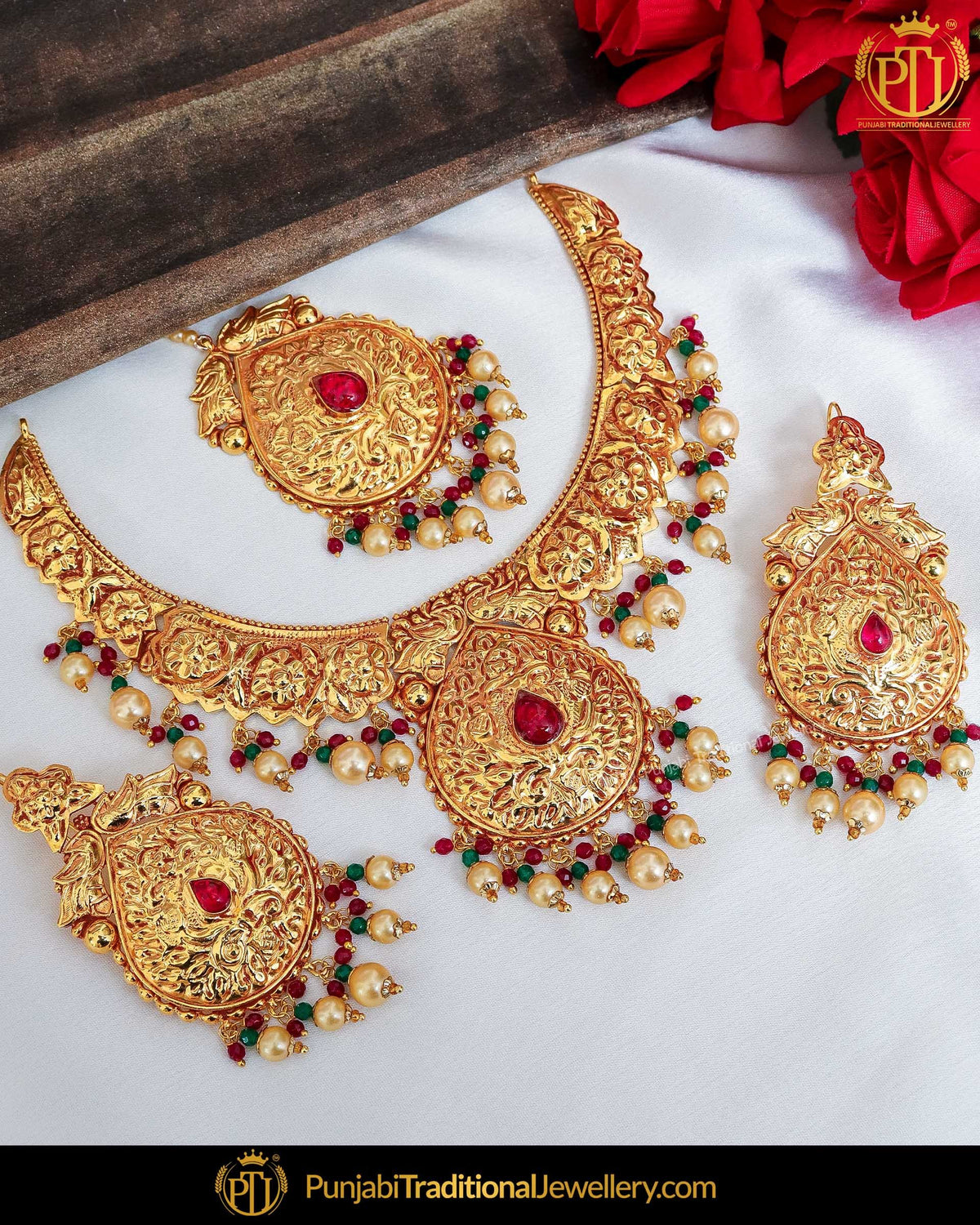 Antique Gold Finished Rubby Pearl Necklace Set | Punjabi Traditional Jewellery Exclusive