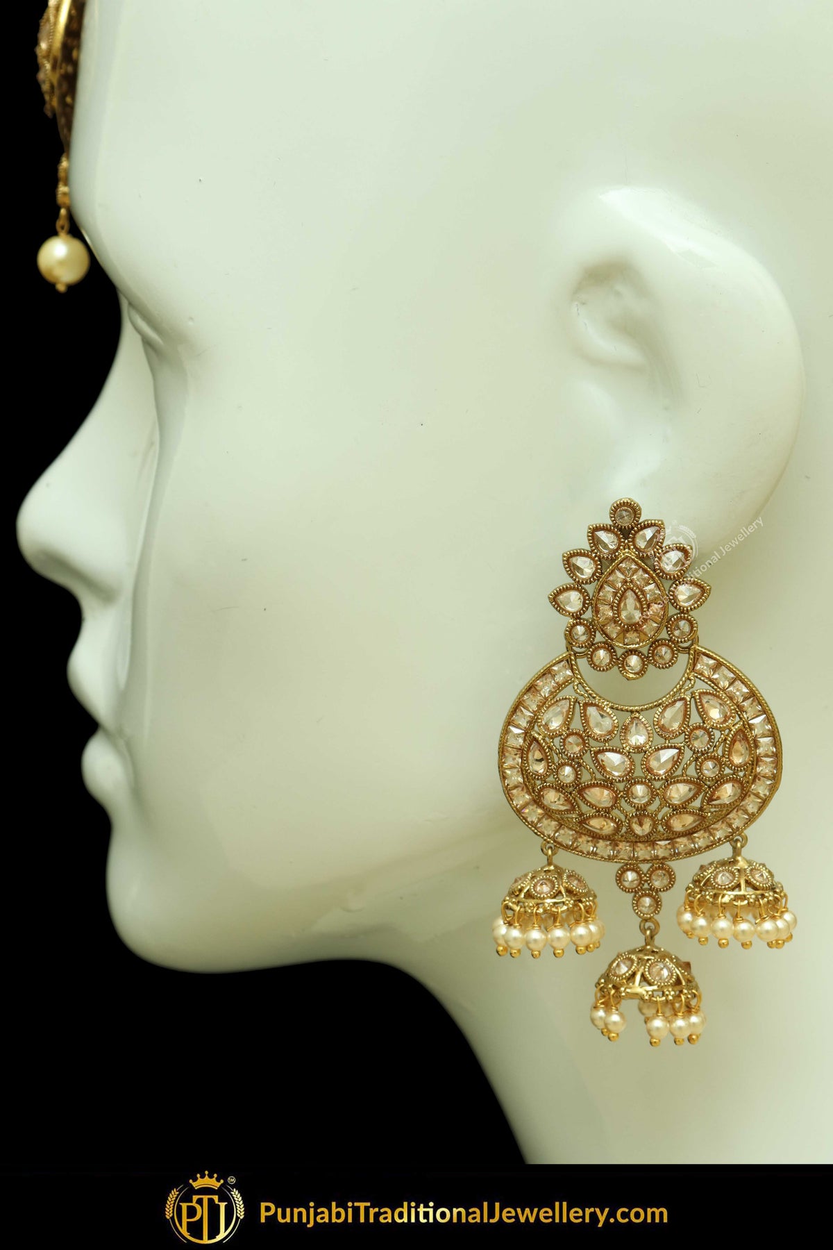 Antique Gold Finised Champagne Stone Earring Tikka Set By Punjabi Traditional Jewellery