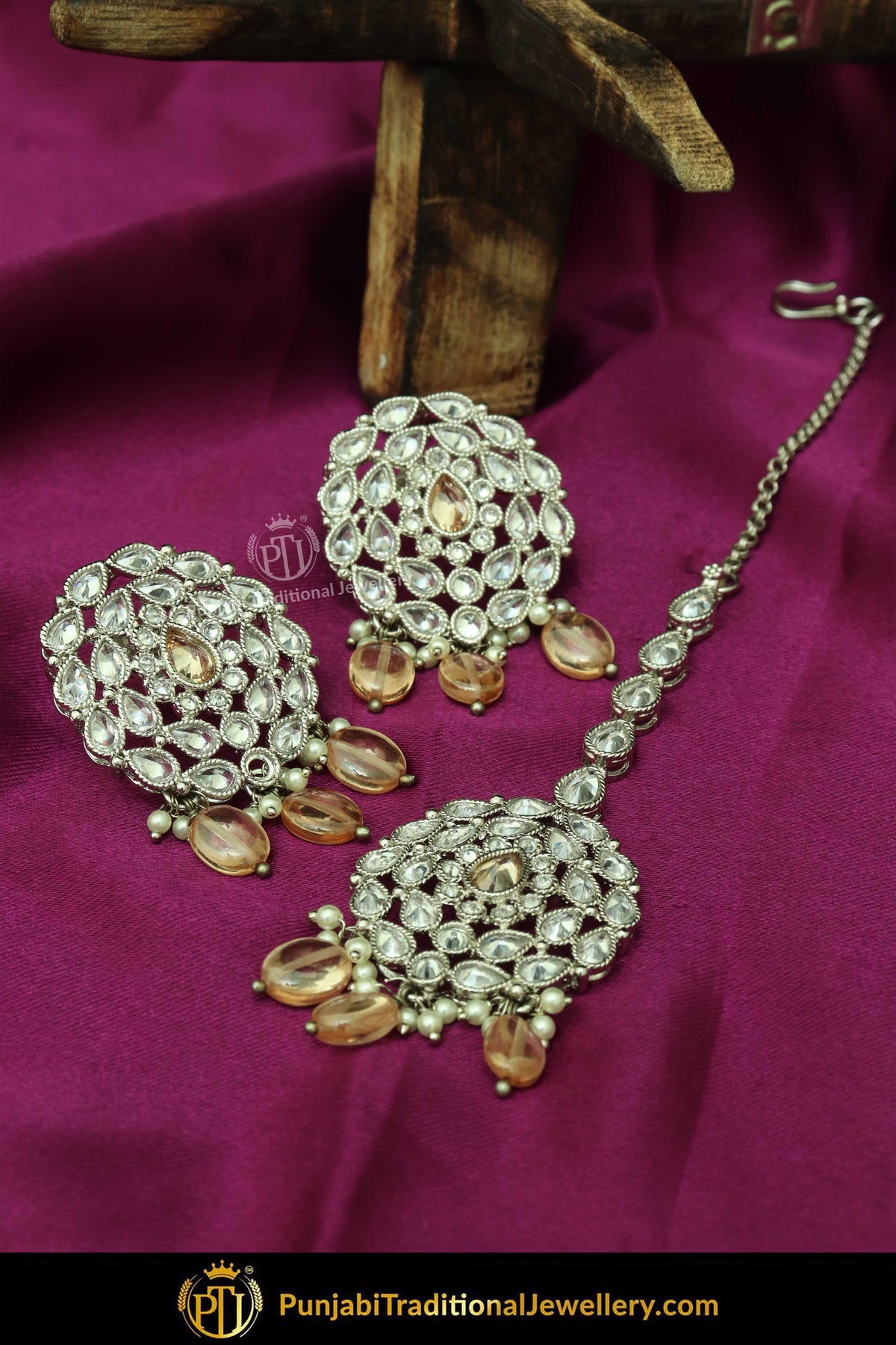 Silver Finished Polki Stone Peach Oversized Stud Earrings & Tikka Set By Punjabi Traditional Jewellery