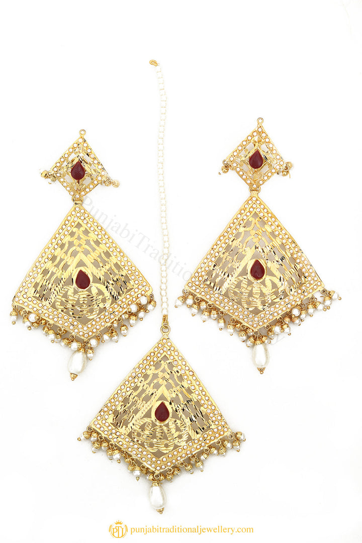 Gold Finished Earrings & Tikka Set by PTJ