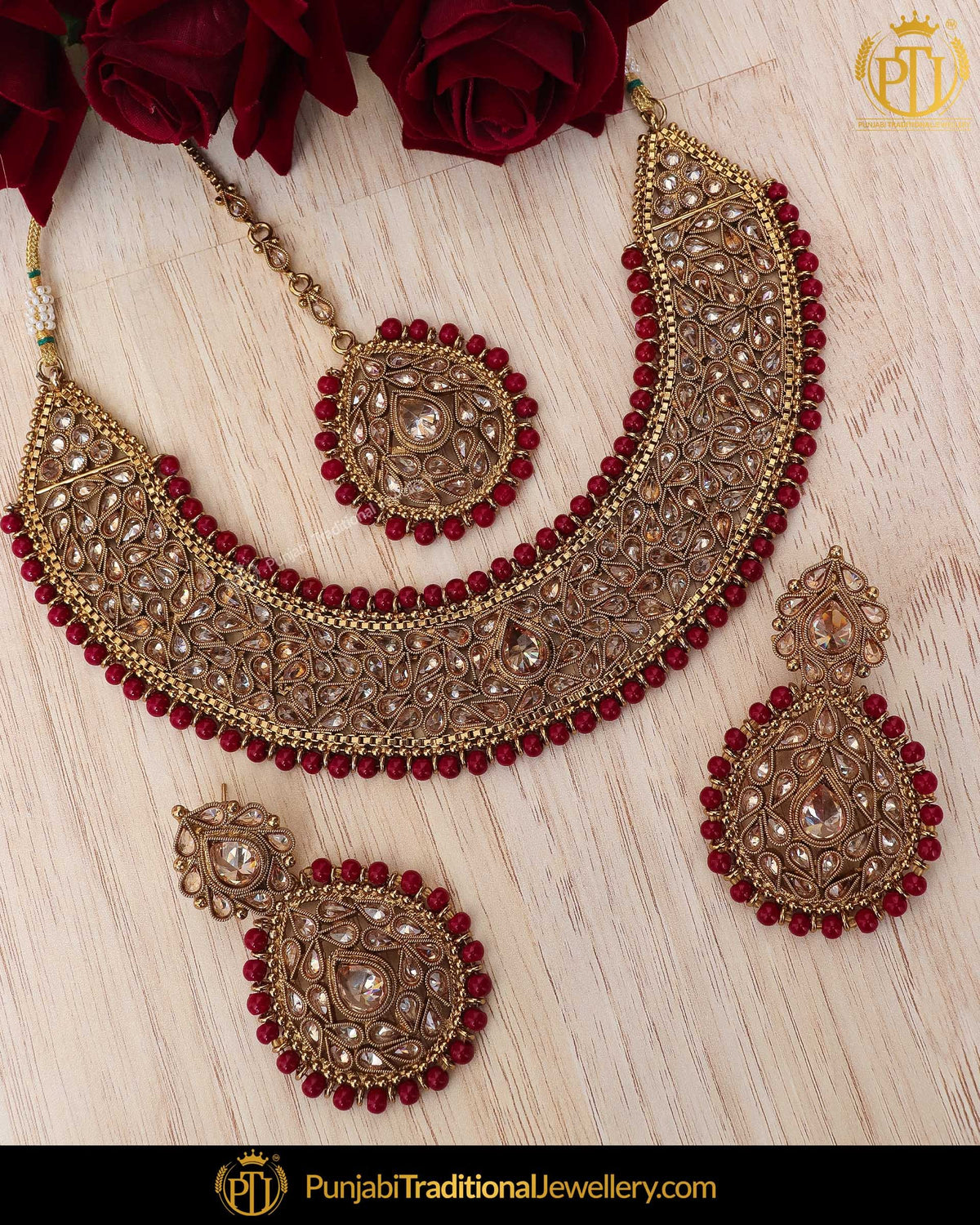 Antique Gold Finished Rubby Chamapgne Stone Necklace Set | Punjabi Traditional Jewellery Exclusive