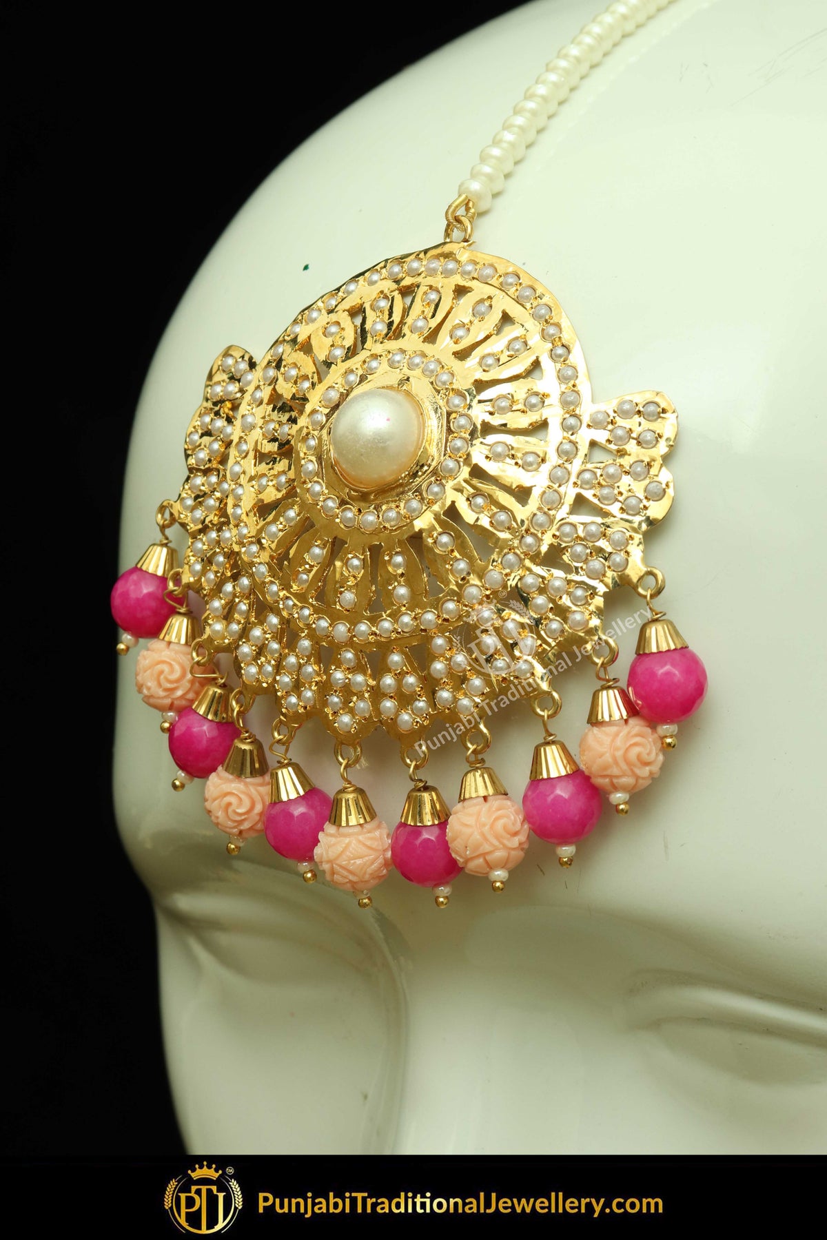Gold Finished Pink & Peach Jadau Pearl Earring Tikka Set | Punjabi Traditional Jewellery Exclusive