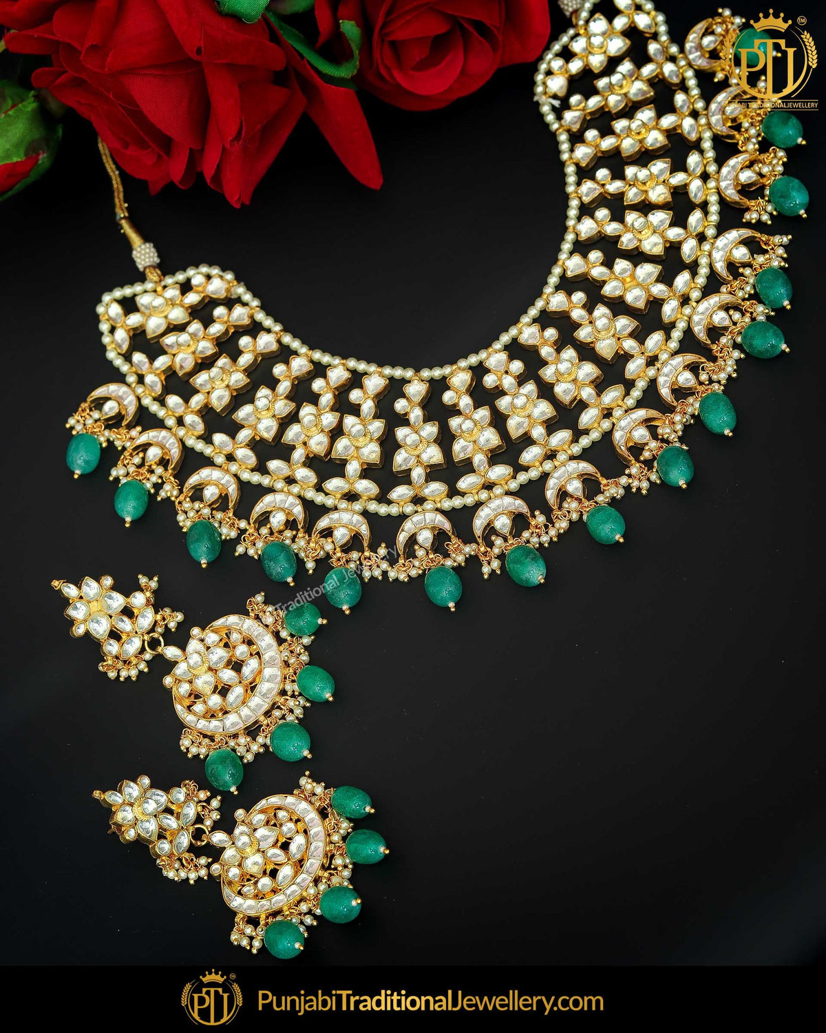 Gold Finished Emerald Kundan Necklace Set | Punjabi Traditional Jewellery Exclusive