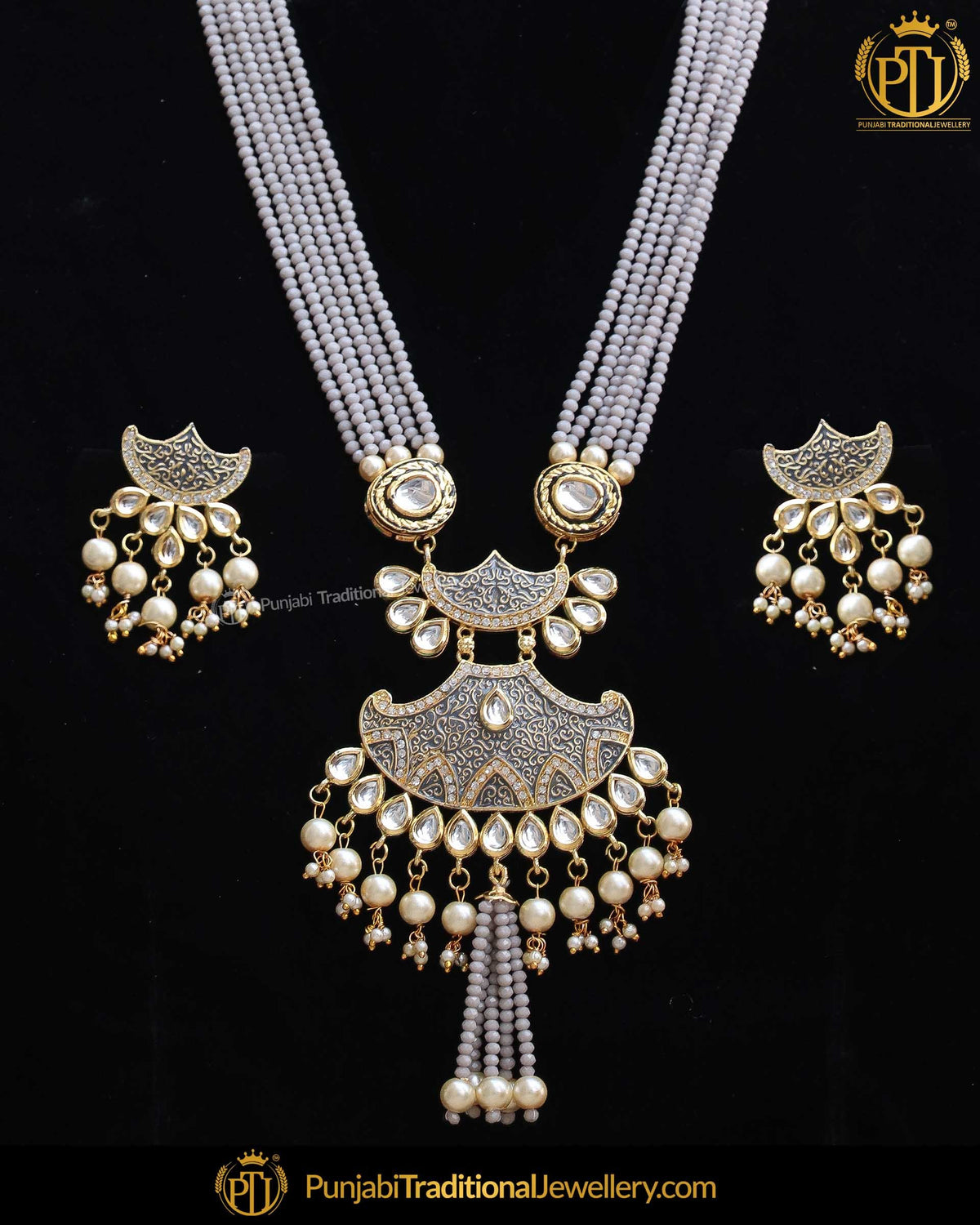 Gold Finished Purple Kundan Long Pearl Necklace Set | Punjabi Traditional Jewellery Exclusive