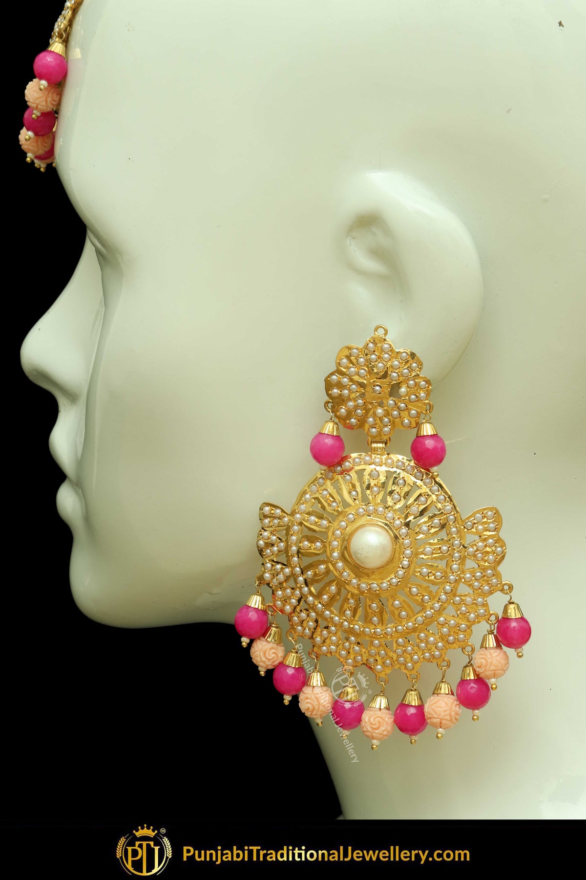 Gold Finished Pink & Peach Jadau Pearl Earring Tikka Set | Punjabi Traditional Jewellery Exclusive