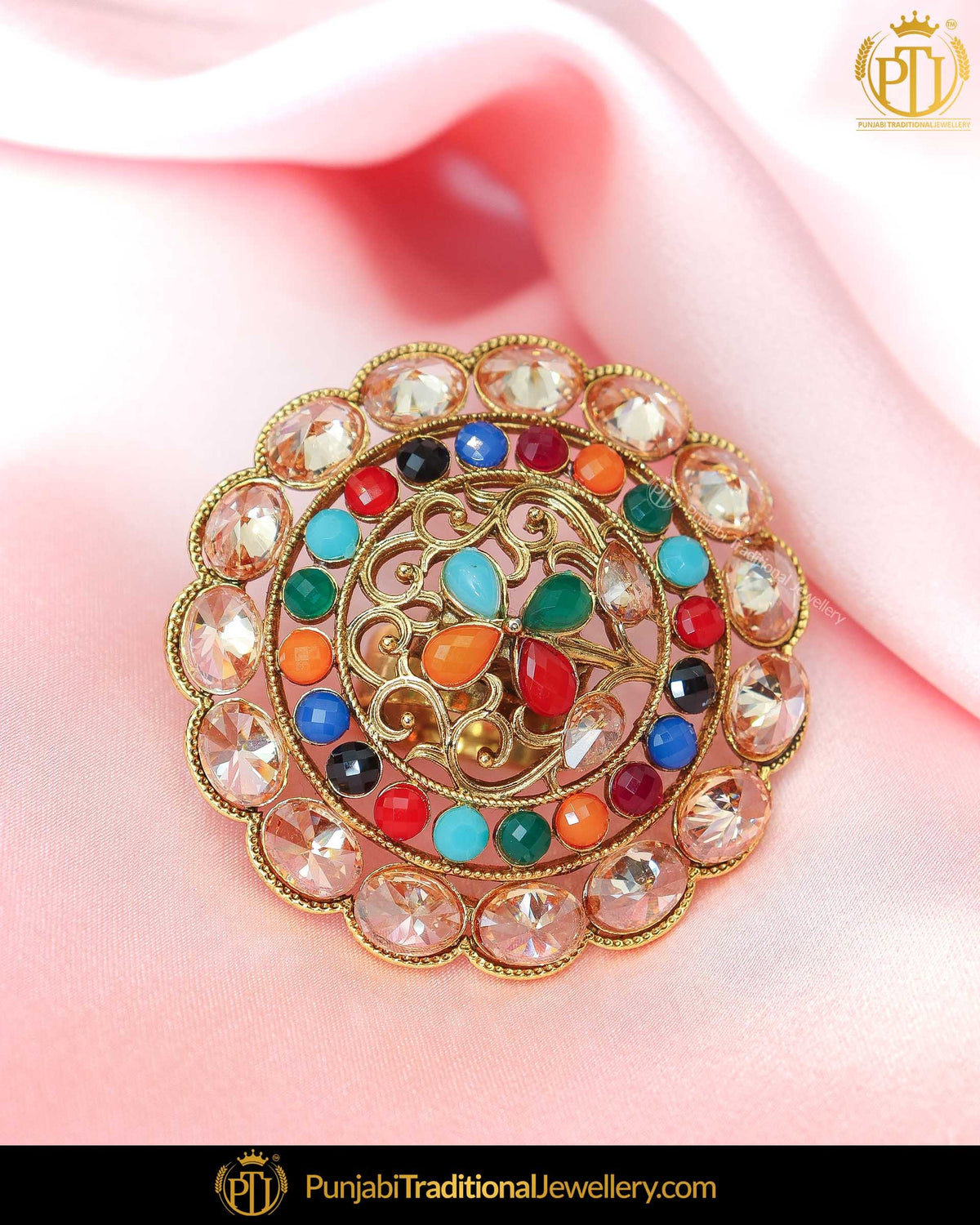 Gold Finished Navratan Champagne Stone Ring | Punjabi Traditional Jewellery Exclusive