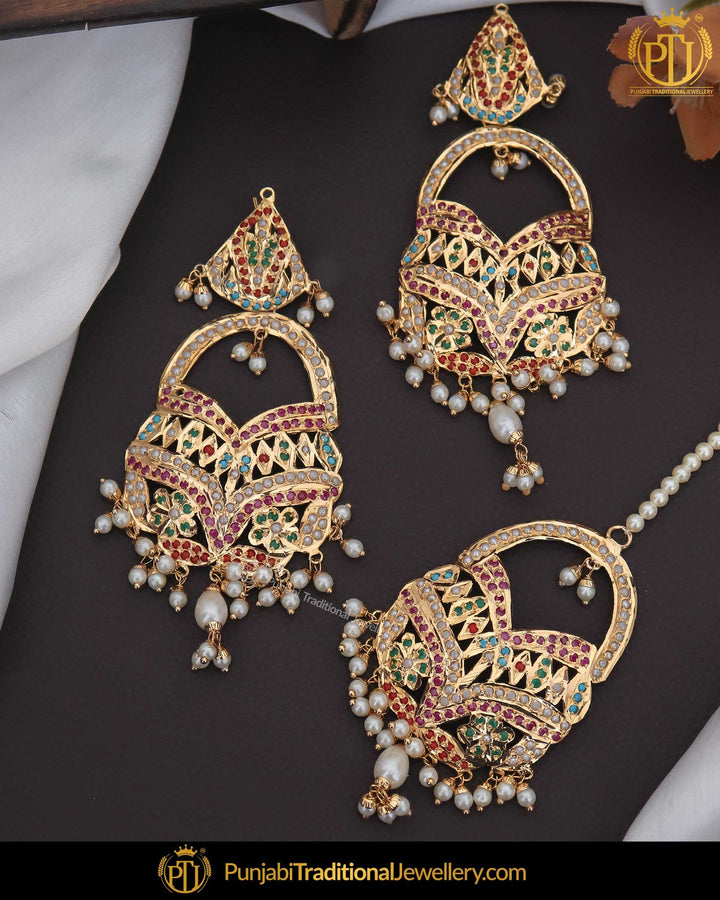 Gold Finished Jadau Multi Earring Tikka Set | Punjabi Traditional Jewellery Exclusive