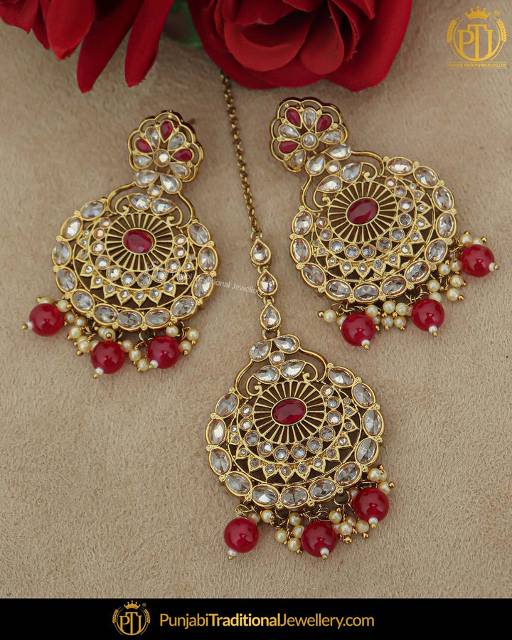 Antique Gold Finished Pearl Rubby Champagne Stone Earring Tikka Set | Punjabi Traditional Jewellery Exclusive