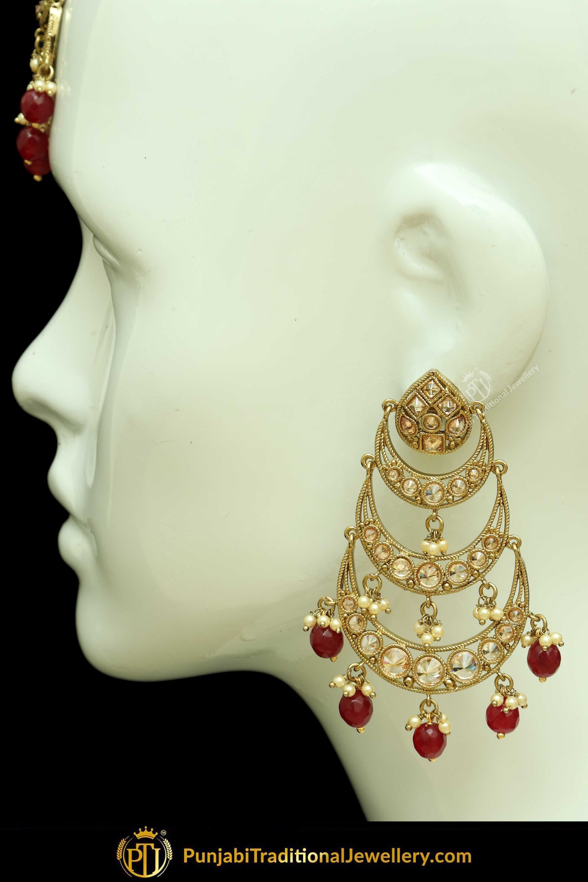 Antique Gold Finised Champagne Stone Red Earring Tikka Set By Punjabi Traditional Jewellery