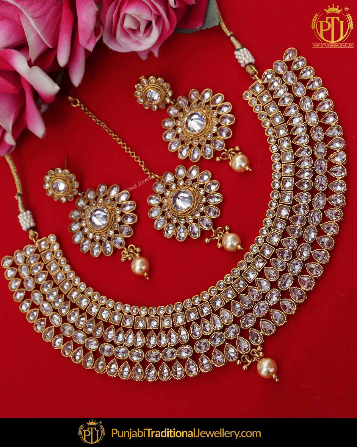 Antique Gold Finished Polki Necklace Set | Punjabi Traditional Jewellery Exclusive