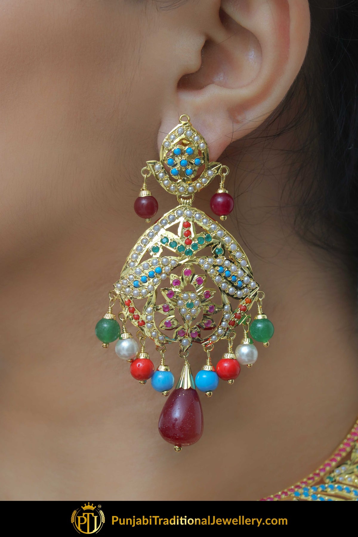 Ghareebah Gold Finished Navratan Jadau Necklace & Earrings  | Punjabi Traditional Jewellery Exclusive