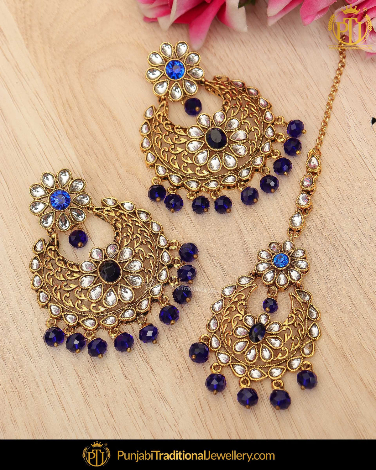 Gold Finished Blue Kundan Earring Tikka Set | Punjabi Traditional Jewellery Exclusive