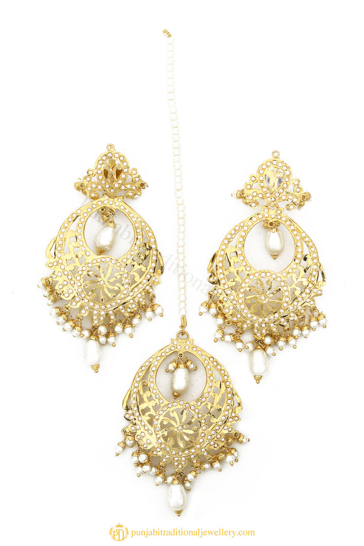 Gold Finished Earrings & Tikka Set by PTJ