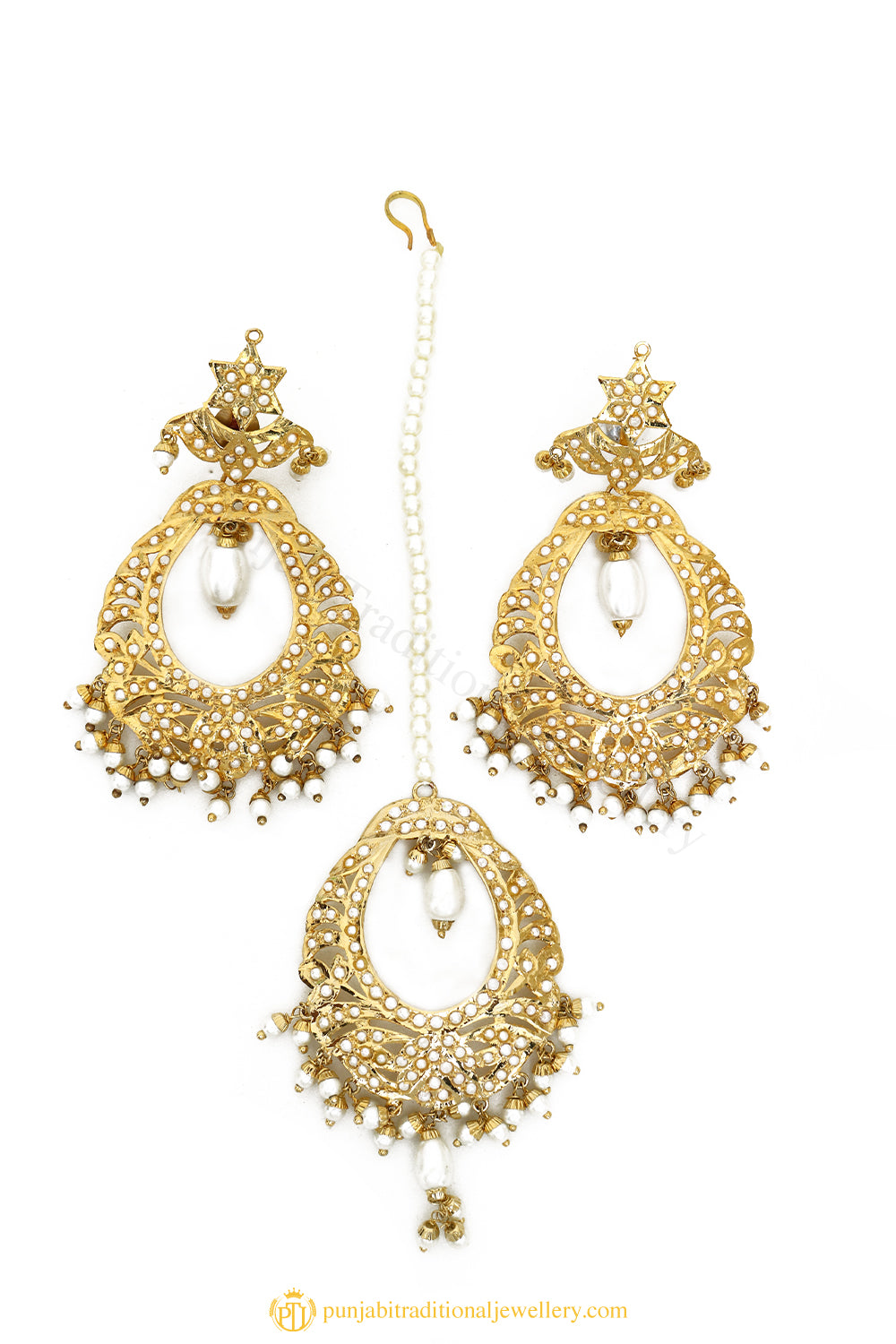 Gold Finished Earrings & Tikka Set by PTJ
