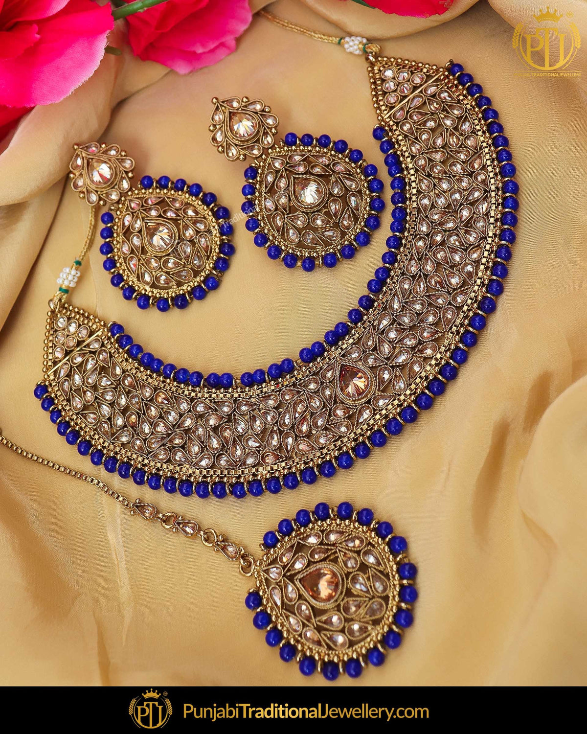 Antique Gold Finished Blue Chamapgne Stone Necklace Set | Punjabi Traditional Jewellery Exclusive