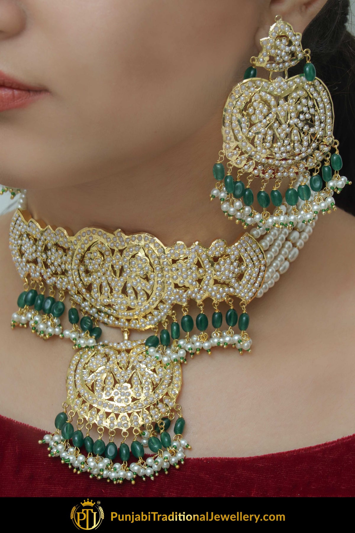 Ghayda  Gold Finished Emerald Jadau Earrings & Necklace | Punjabi Traditional Jewellery Exclusive