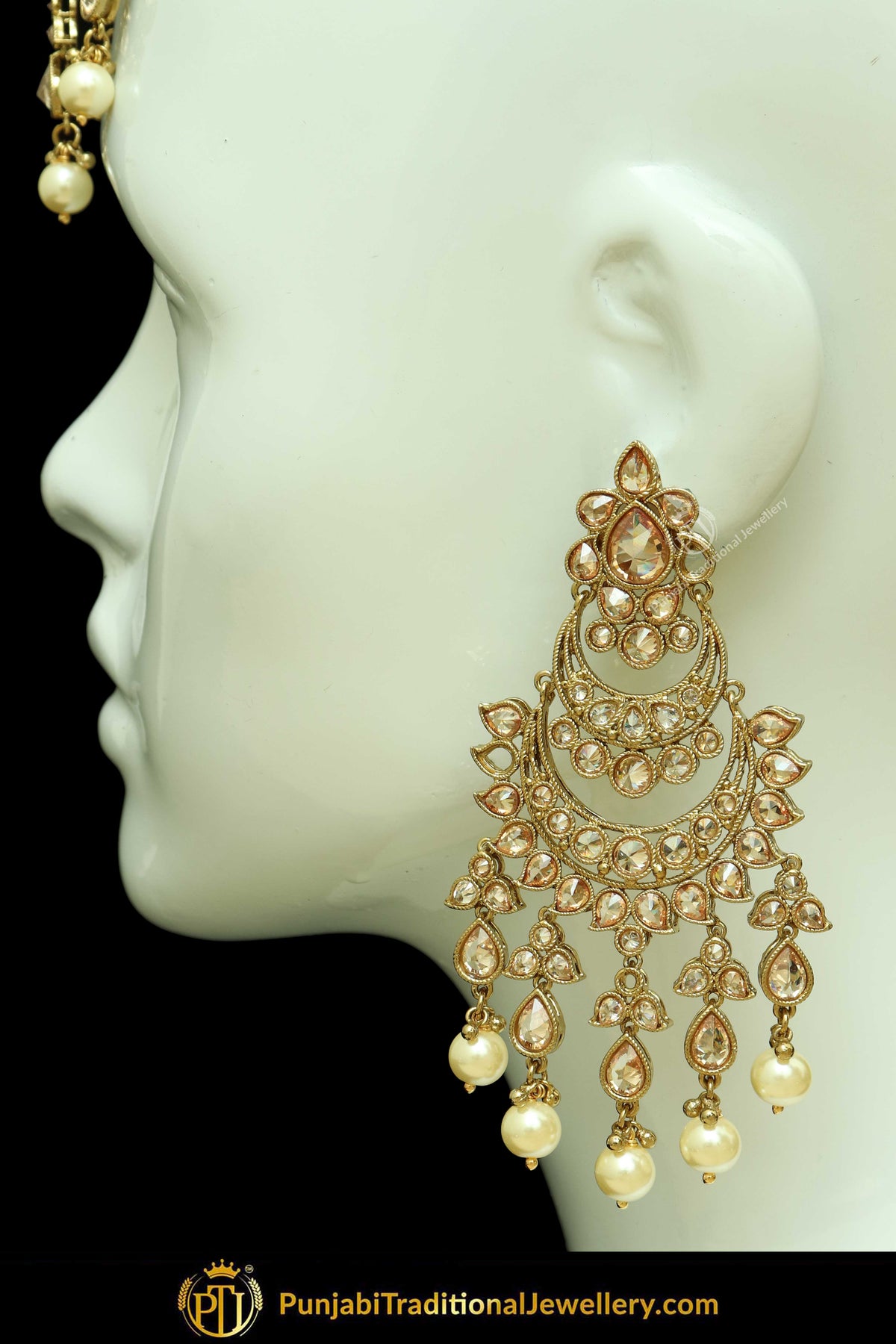 Antique Gold Finised Champagne Stone Pearl Earring Tikka Set By Punjabi Traditional Jewellery