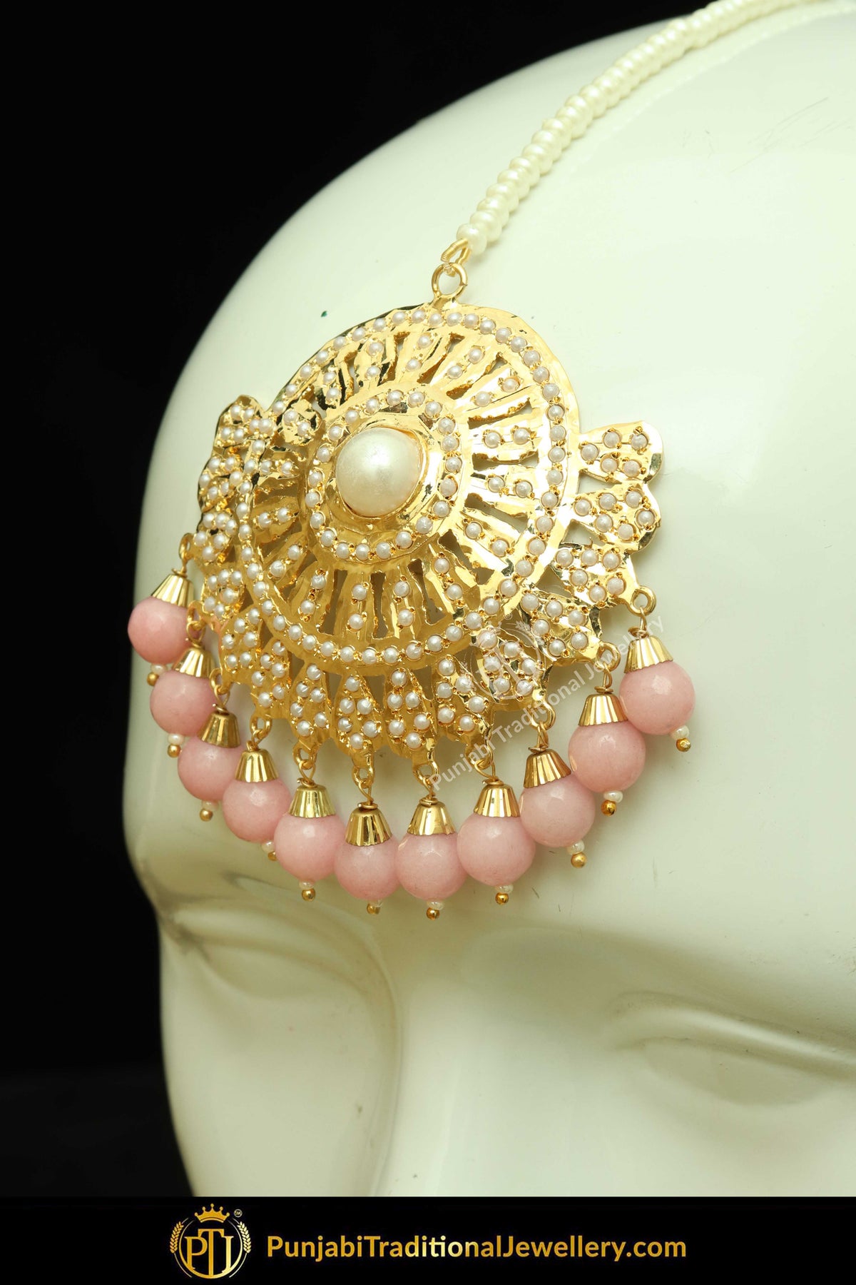 Gold Finished Peach Jadau Pearl Earring Tikka Set | Punjabi Traditional Jewellery Exclusive