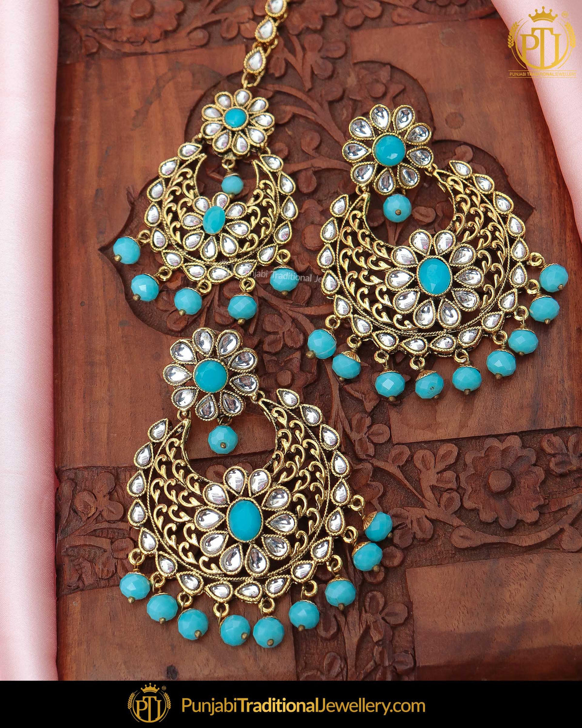 Gold Finished Firozi Kundan Earring Tikka Set | Punjabi Traditional Jewellery Exclusive
