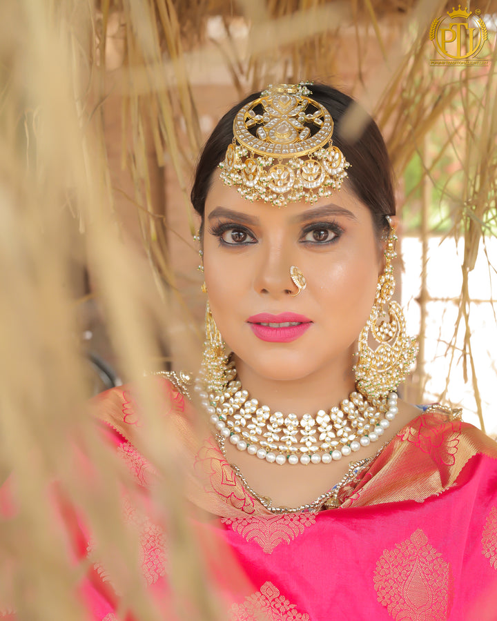 Zahra Kundan Pearl Necklace Set with Oversized Kundan Tikka | Rawayat by Punjabi Traditional Jewellery