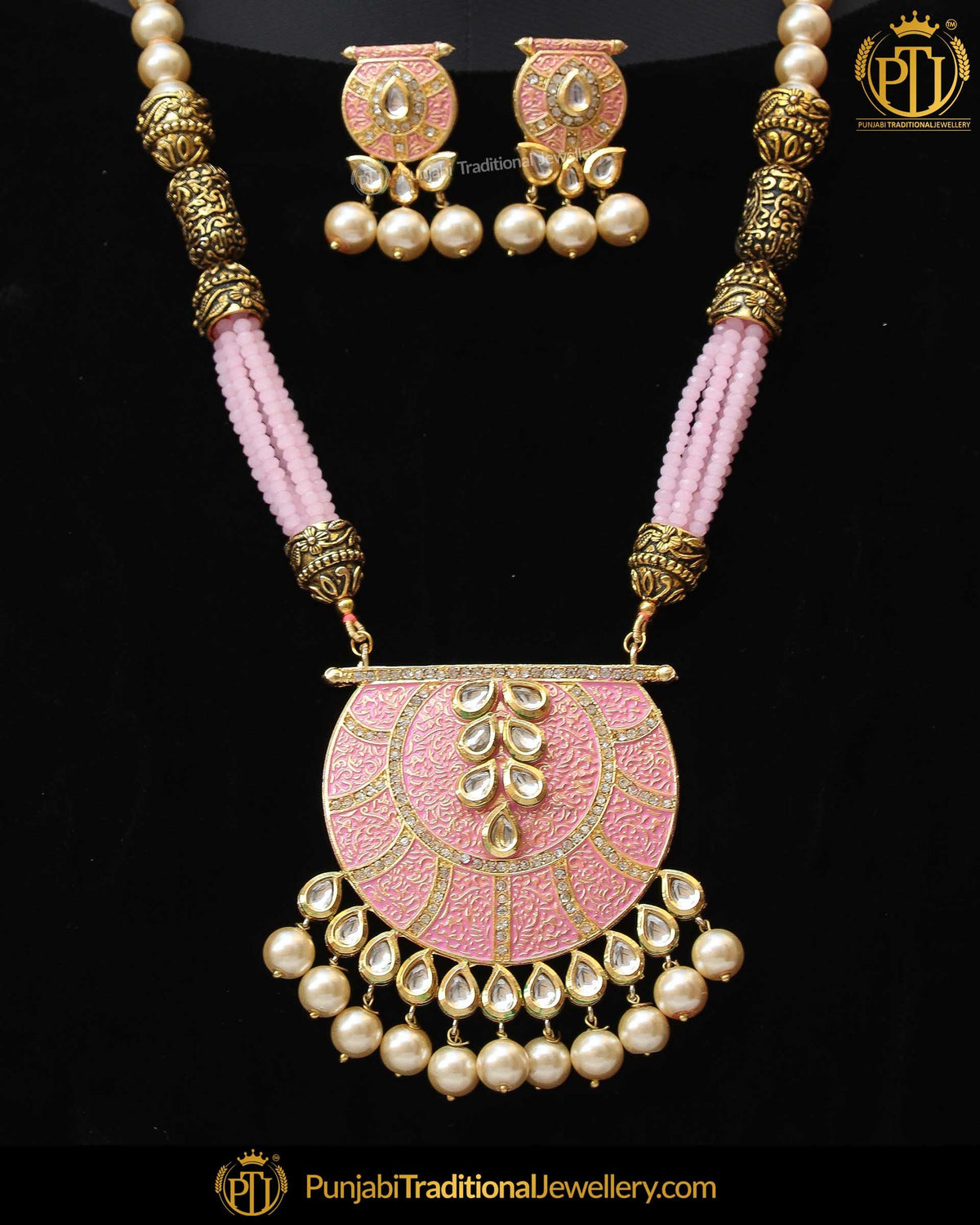 Gold Finished Pink Kundan Long Pearl Necklace Set | Punjabi Traditional Jewellery Exclusive