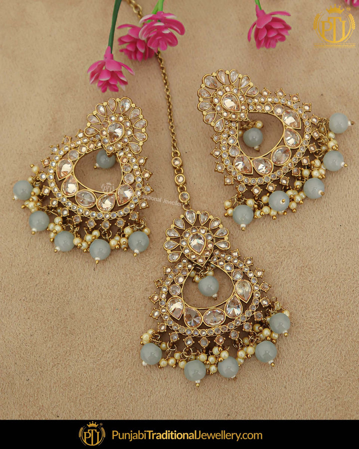 Antique Gold Finished Firozi Pearl Champagne Stone Earring Tikka Set | Punjabi Traditional Jewellery Exclusive