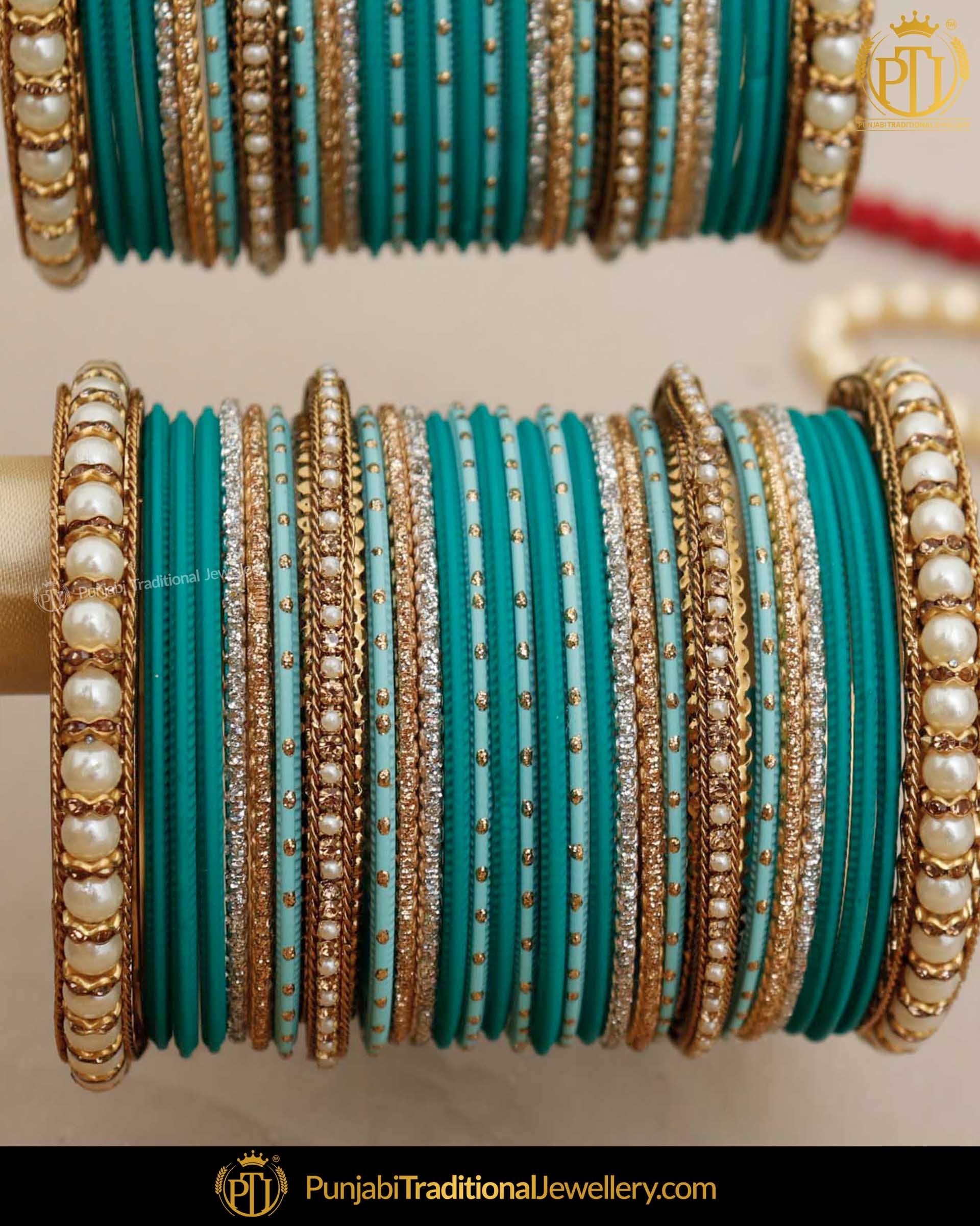 Teal Blue Pearl (For Both Hands) Bangles Set | Punjabi Traditional Jewellery Exclusive
