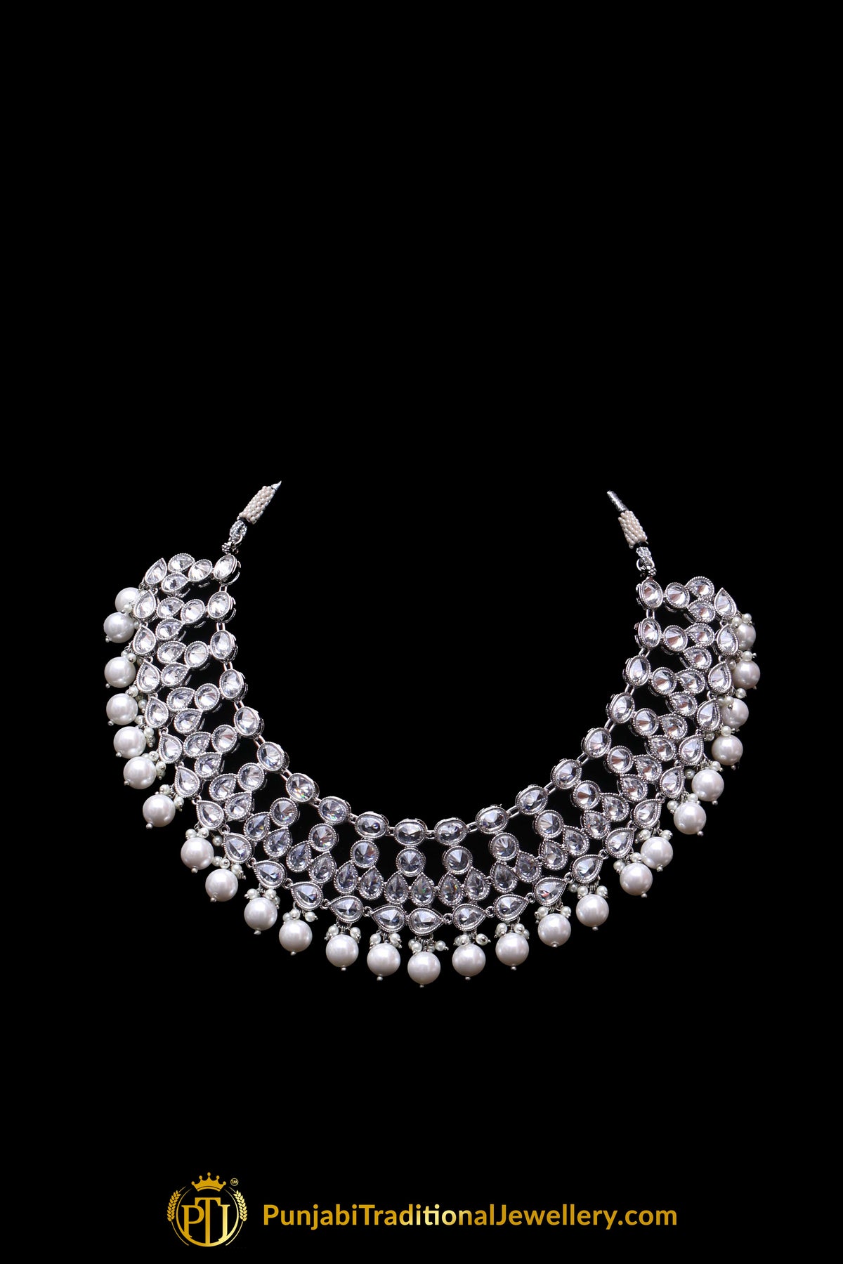 Silver Polki Pearl Necklace Set By Punjabi Traditional Jewellery