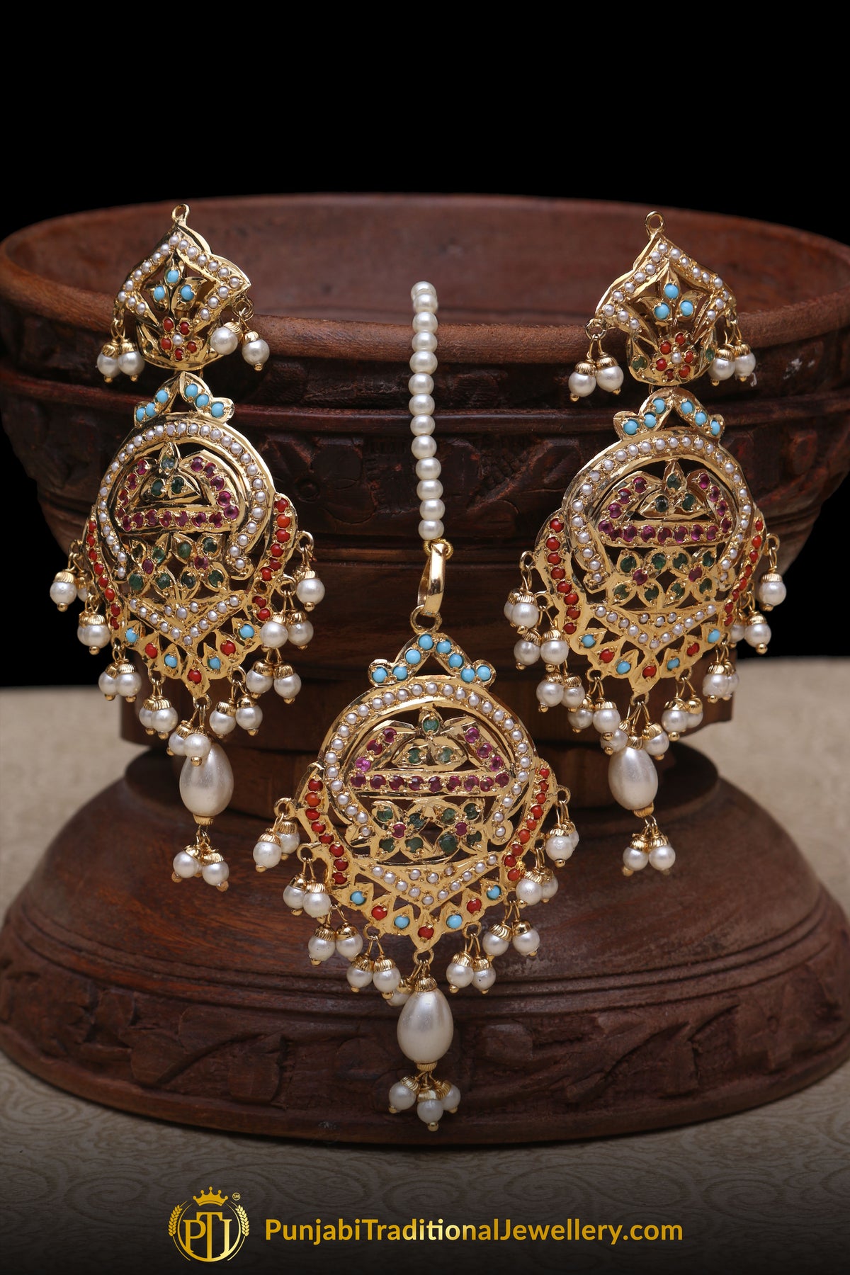 Multi Jadau Pearl Earring Tikka Set By Punjabi Traditional Jewellery