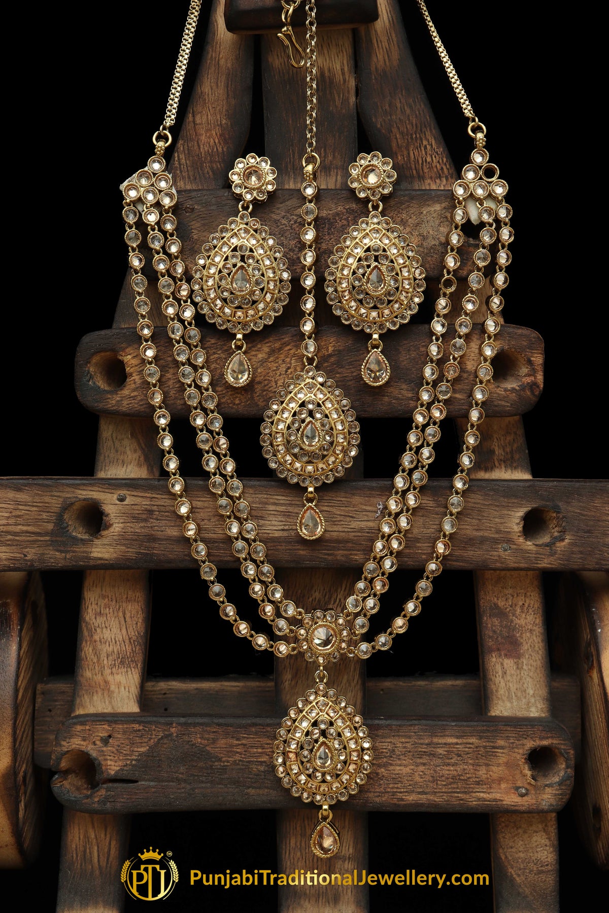 Golden Champagne Stone Necklace Set By Punjabi Traditional Jewellery