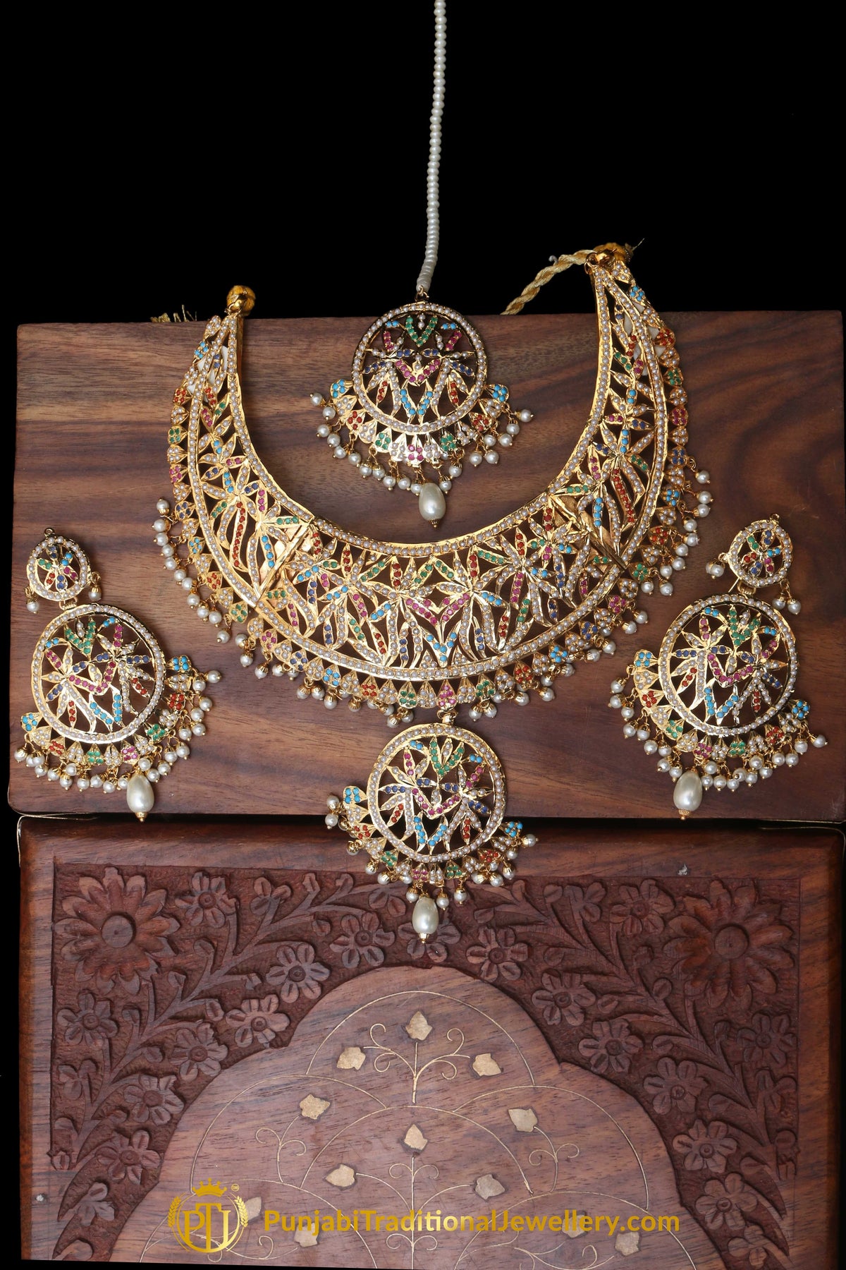 Multi Jadau Pearl Necklace Set By Punjabi Traditional Jewellery