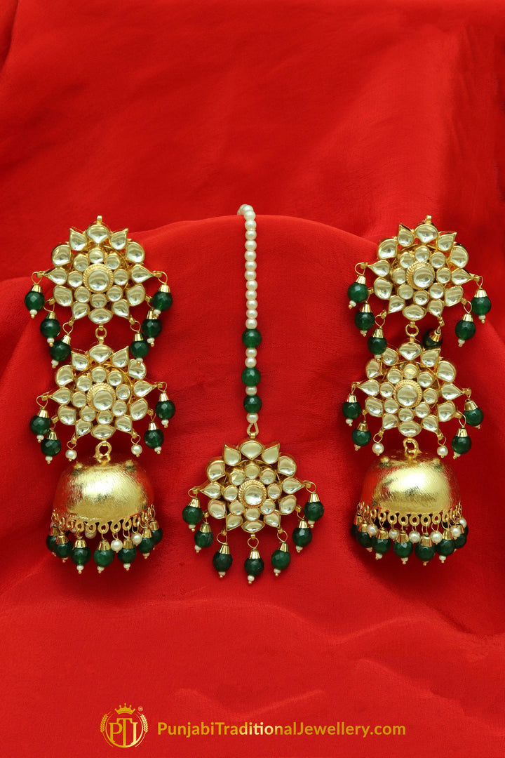 Ifza Gold Finished Pearl Emerald Jhumki Kundan Earring Tikka Set | Punjabi Traditional Jewellery Exclusive
