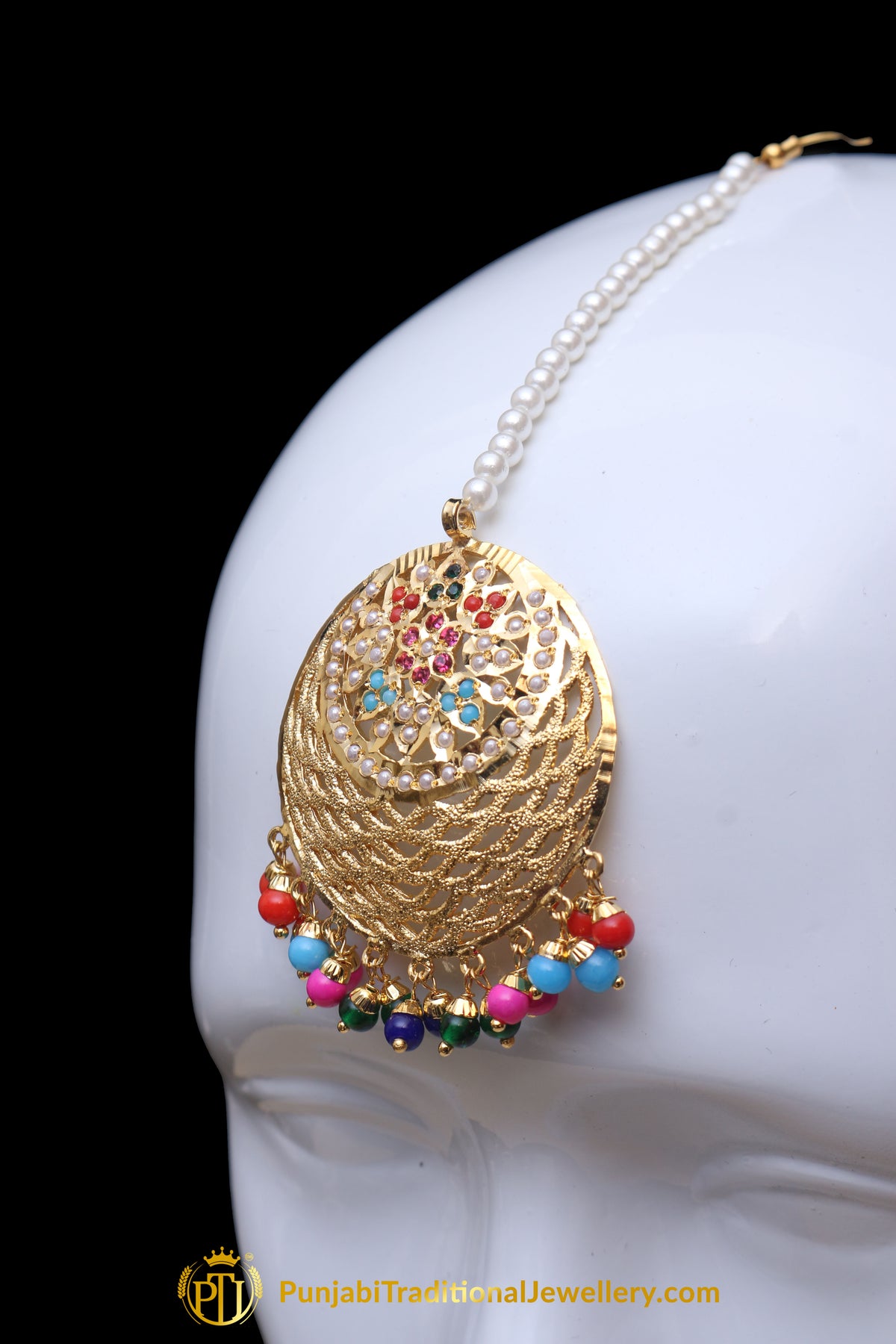 Multi Jadau Pearl Earring Tikka Set By Punjabi Traditional Jewellery