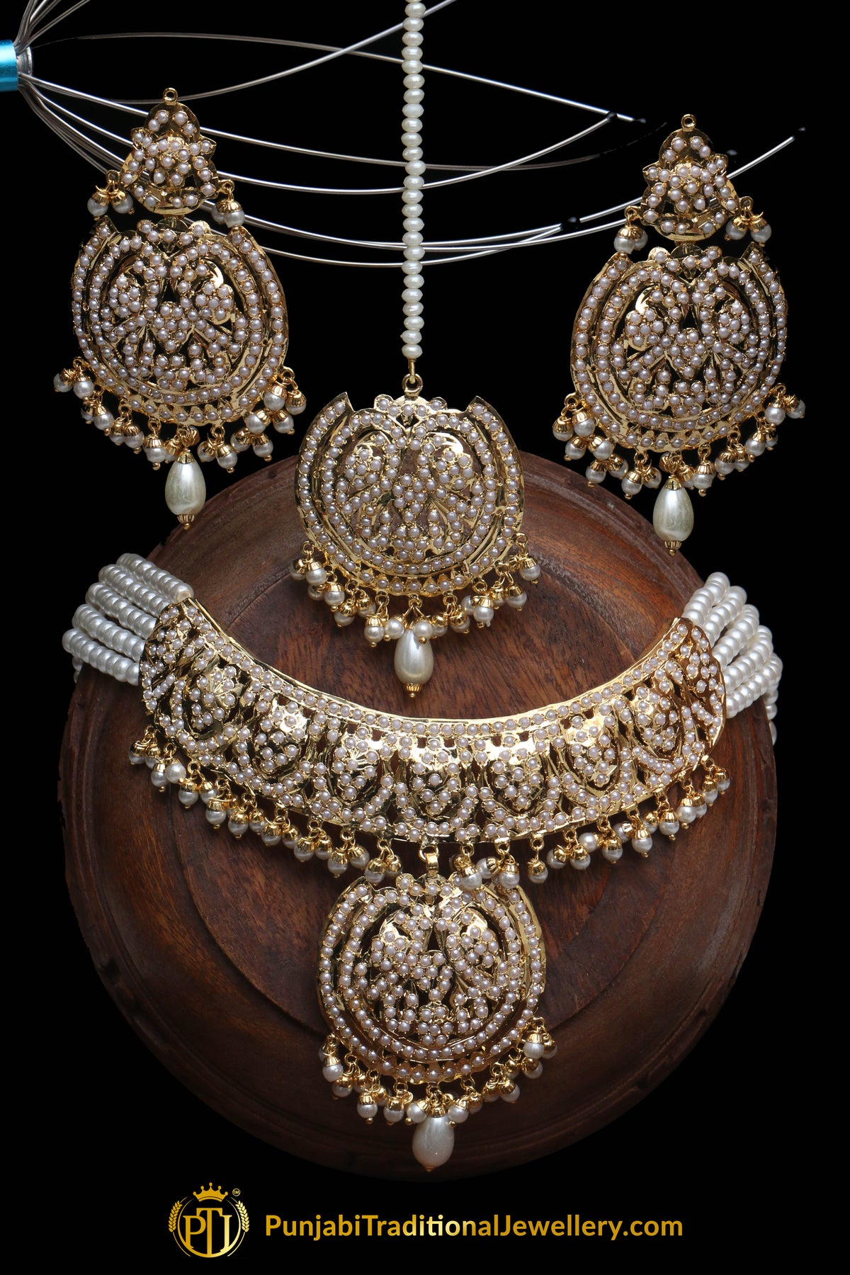 Golden Jadau Necklace Set By Punjabi Traditional Jewellery