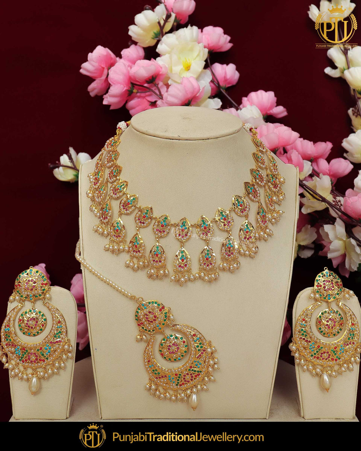 Gold Finished Navratan Jadau Pearl Necklace Set | Punjabi Traditional Jewellery Exclusive