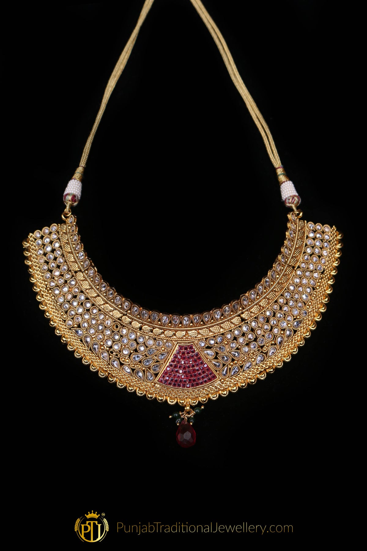Gold Plated Polki Choker Necklace Set By Punjabi Traditional Jewellery