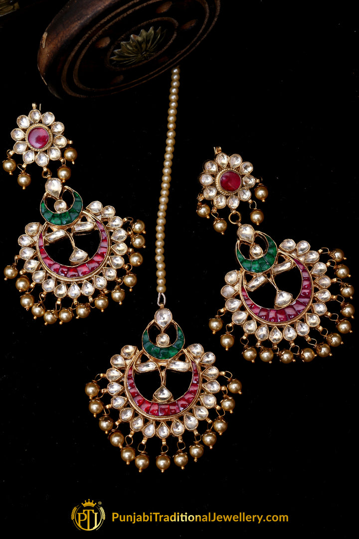 Rubby Panna Kundan Pearl Earring Tikka Set By Punjabi Traditional Jewellery