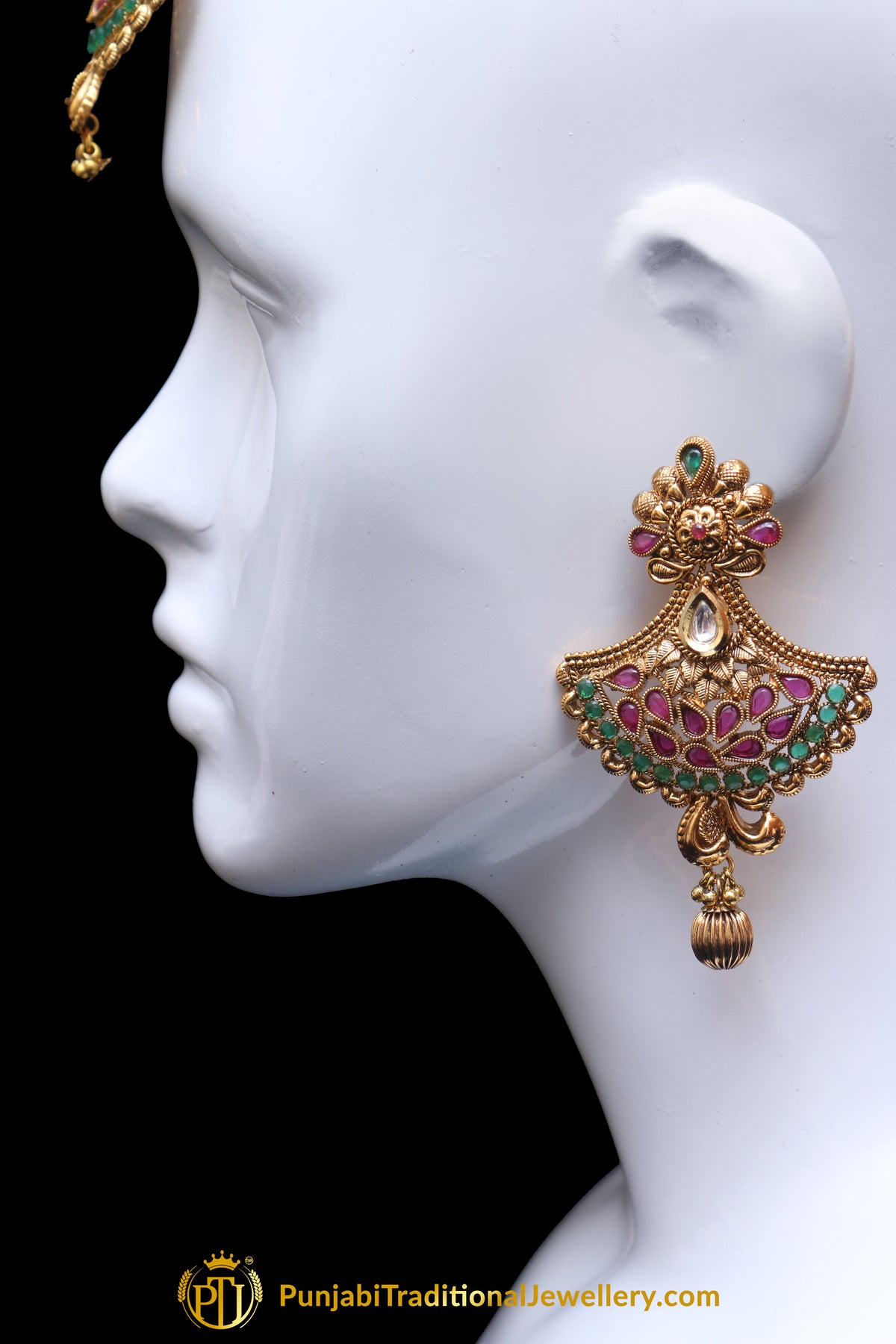 Green Maroon Polki Earring Tikka Set By Punjabi Traditional Jewellery