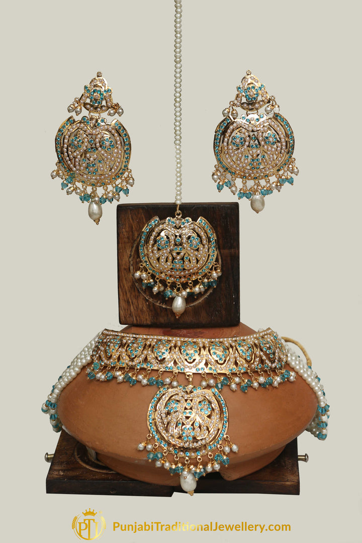 Firozi Pearl Jadau Necklace Set By Punjabi Traditional Jewellery