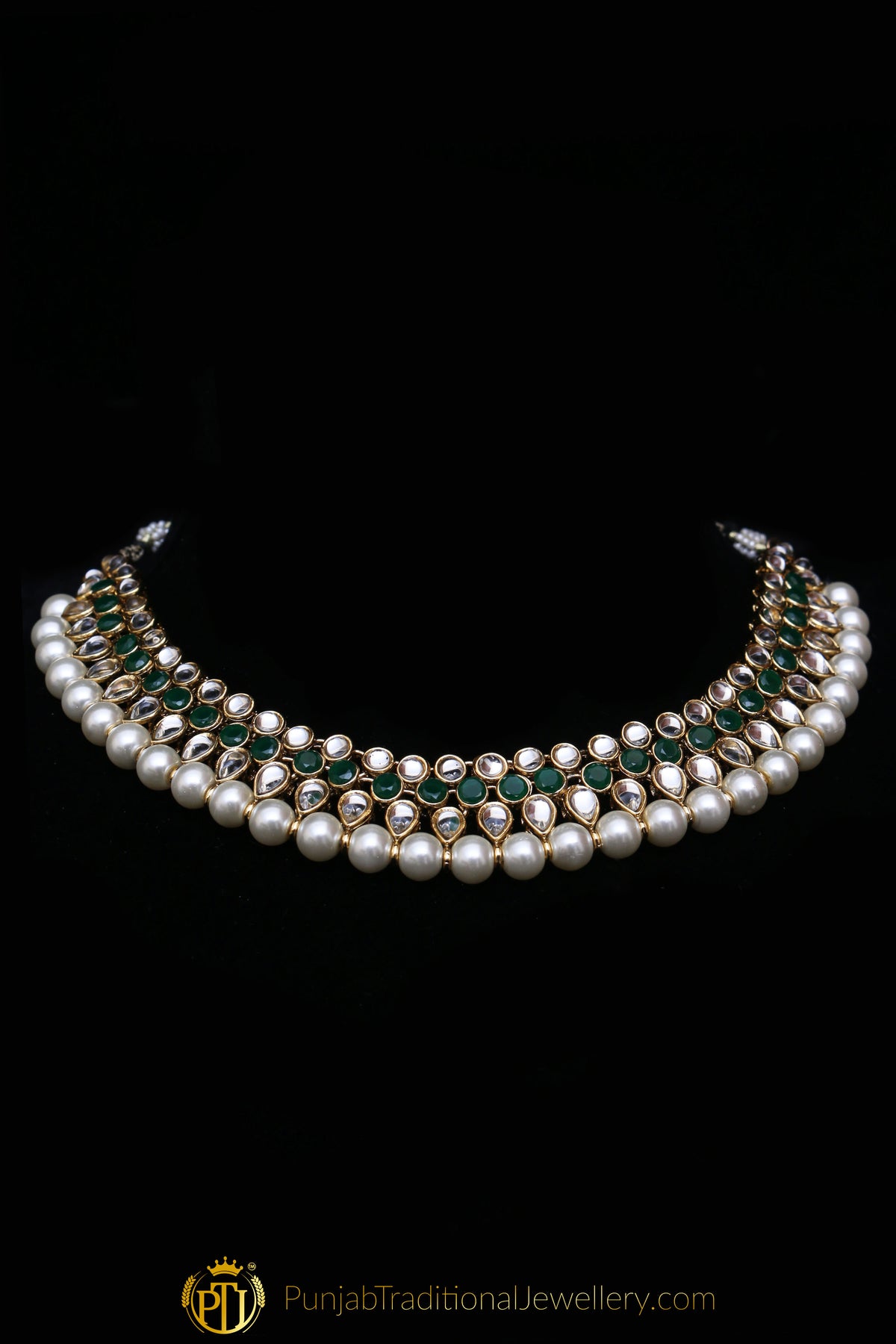 White & Green Kundan Necklace Set By Punjabi Traditional Jewellery