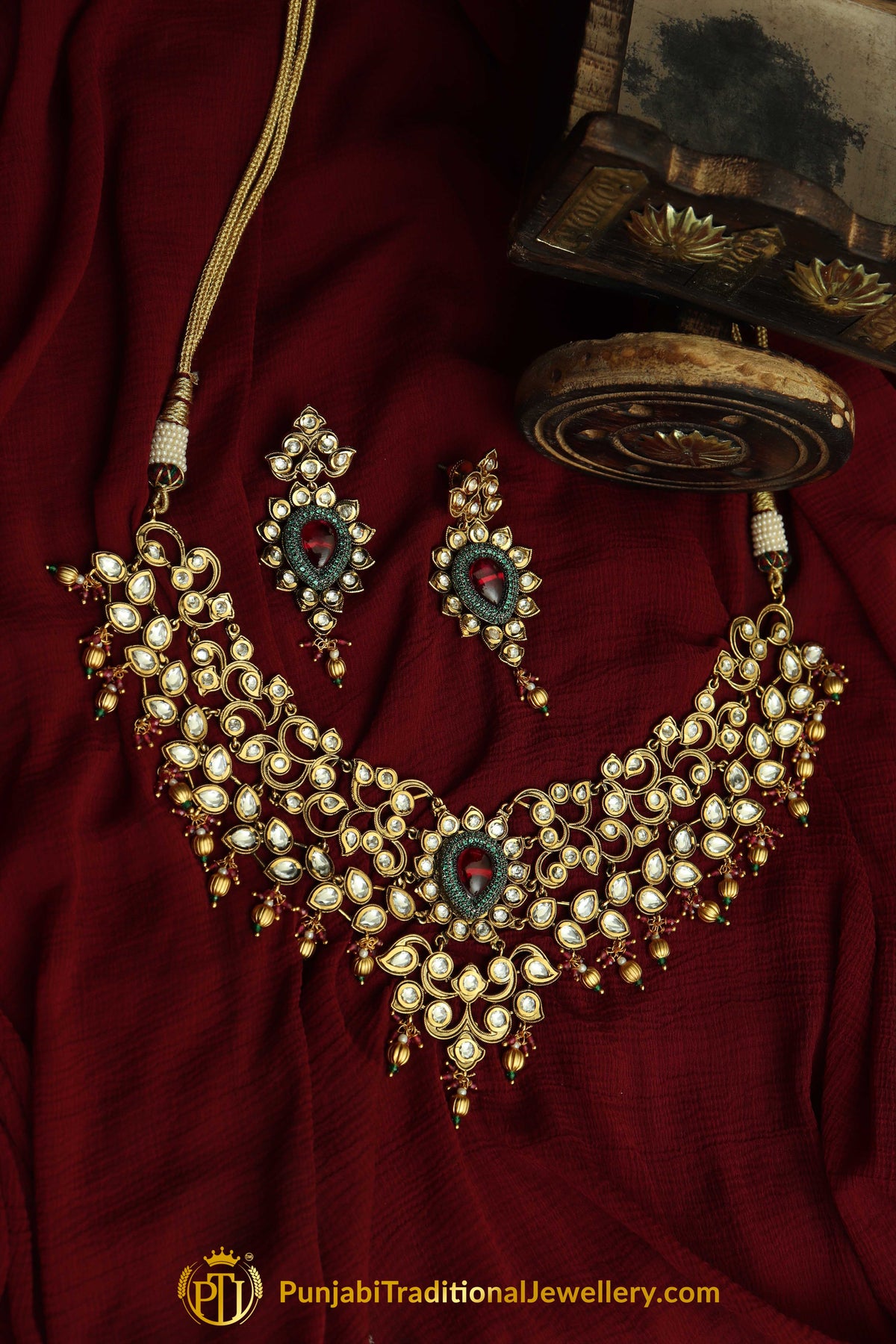 Matt Gold Red Polki Necklace Set By Punjabi Taditional Jewellery
