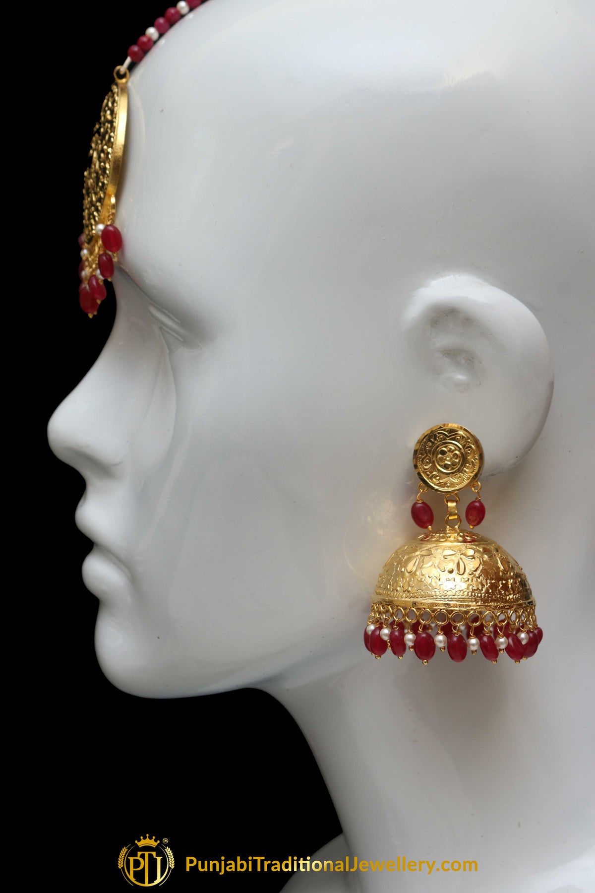 Red Jhumki Earrings & Tikka Set By Punjabi Traditional Jewellery