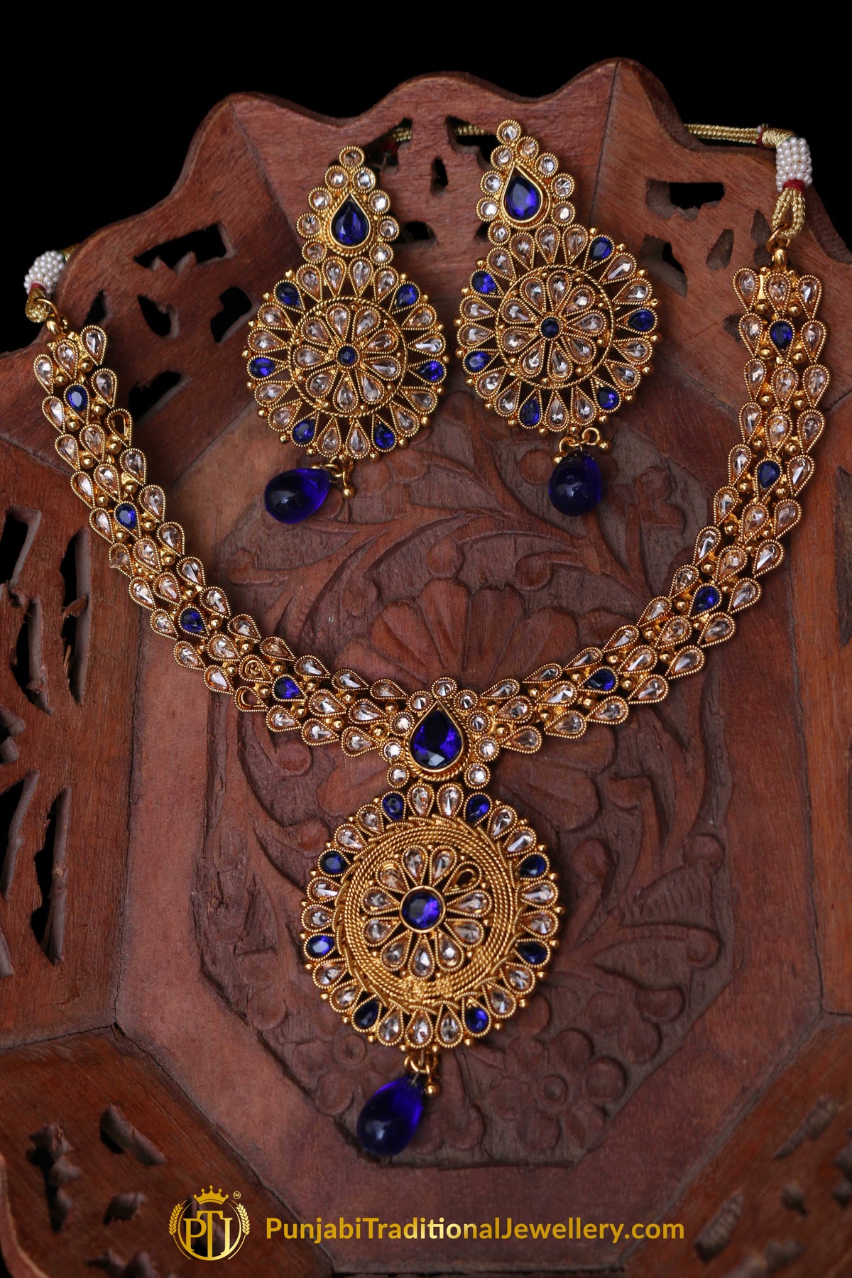 Blue Polki Necklace Set By Punjabi Traditional Jewellery