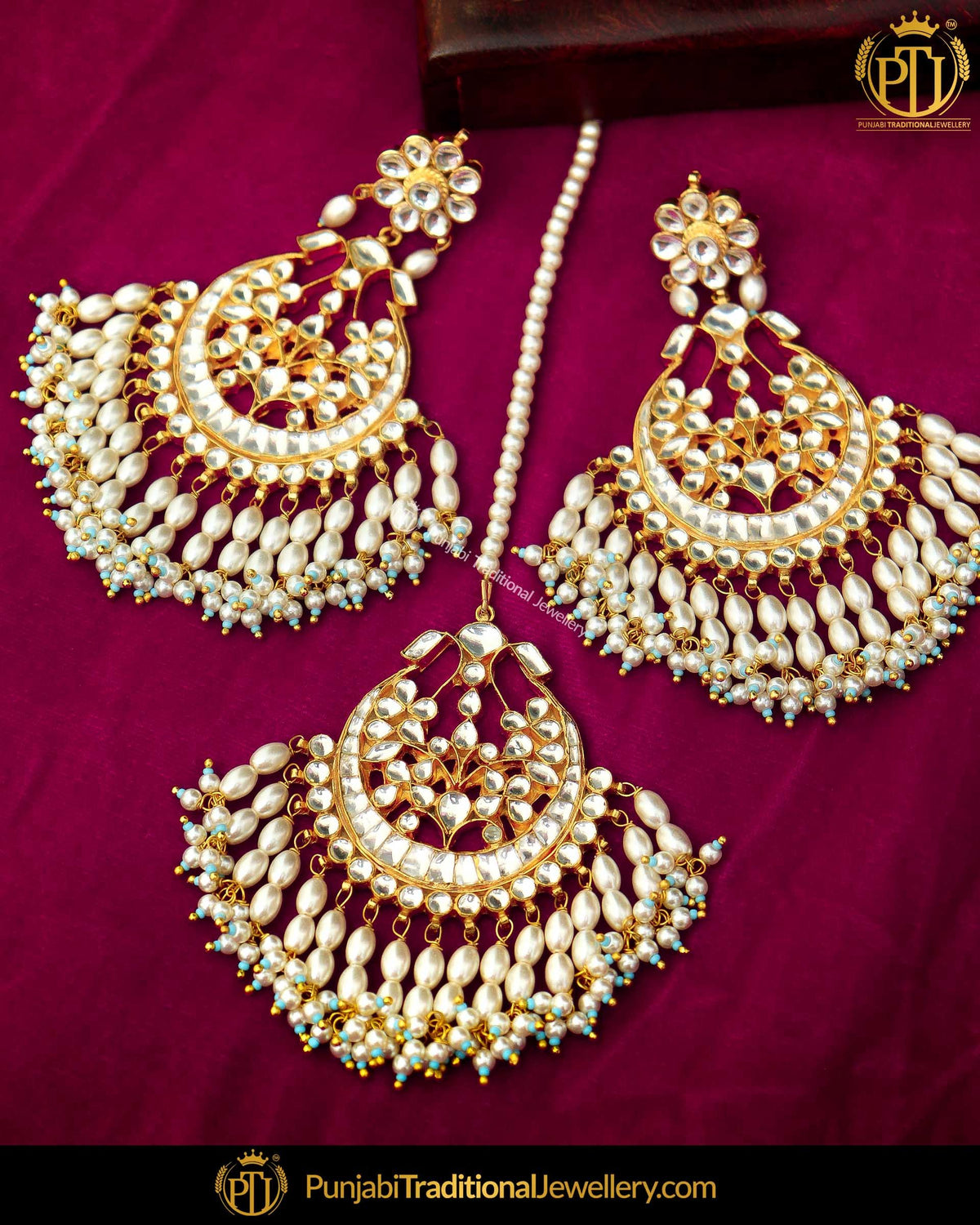 Antique Gold Finished Kundan Pearl Earring Tikka Set | Punjabi Traditional Jewellery Exclusive