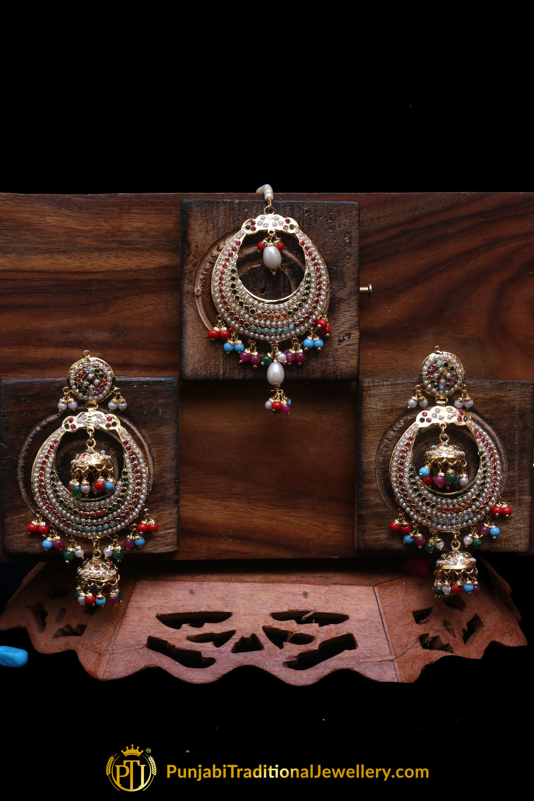 Multi Jadau Pearl Earring Tikka Set By Punjabi Traditional Jewellery