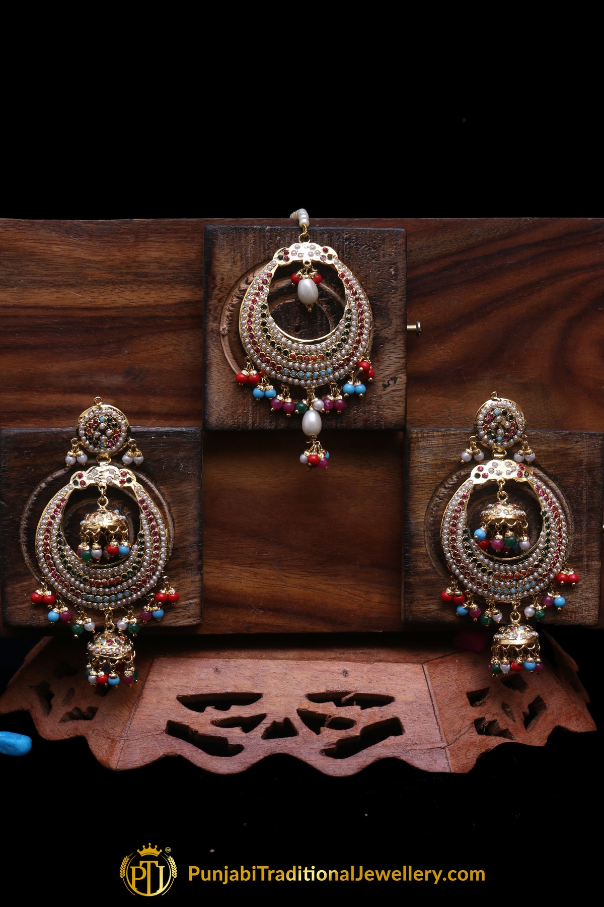 Multi Jadau Pearl Earring Tikka Set By Punjabi Traditional Jewellery