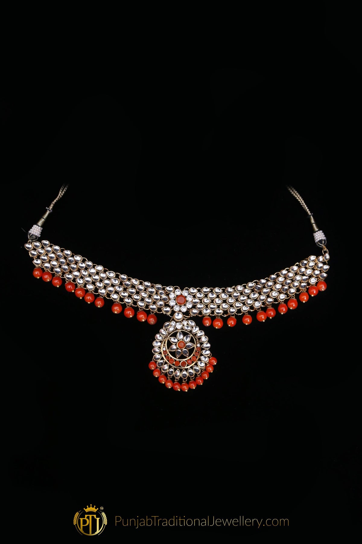 Orange Kundan Necklace Set By Punjabi Traditional Jewellery