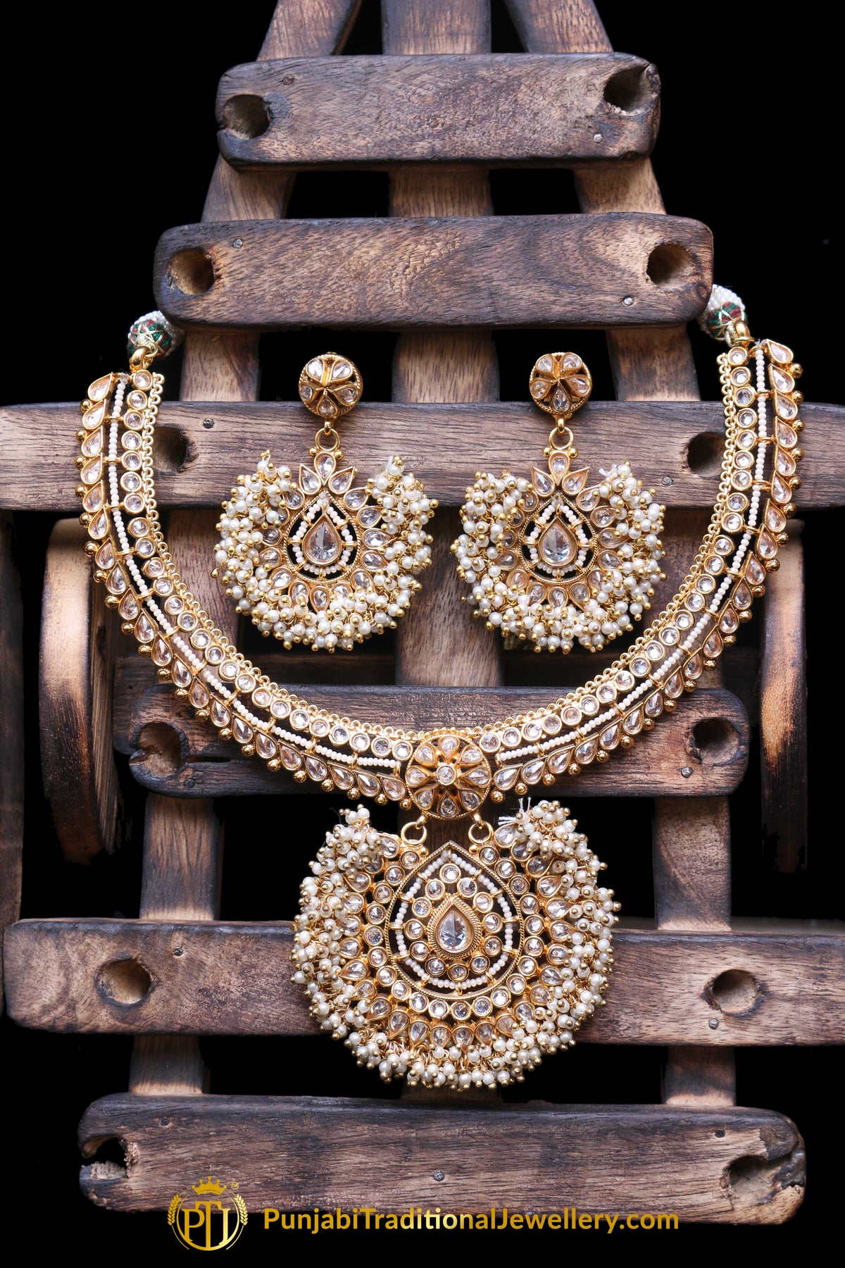 Golden Pearl Polki Necklace Set By Punjabi Taditional Jewellery